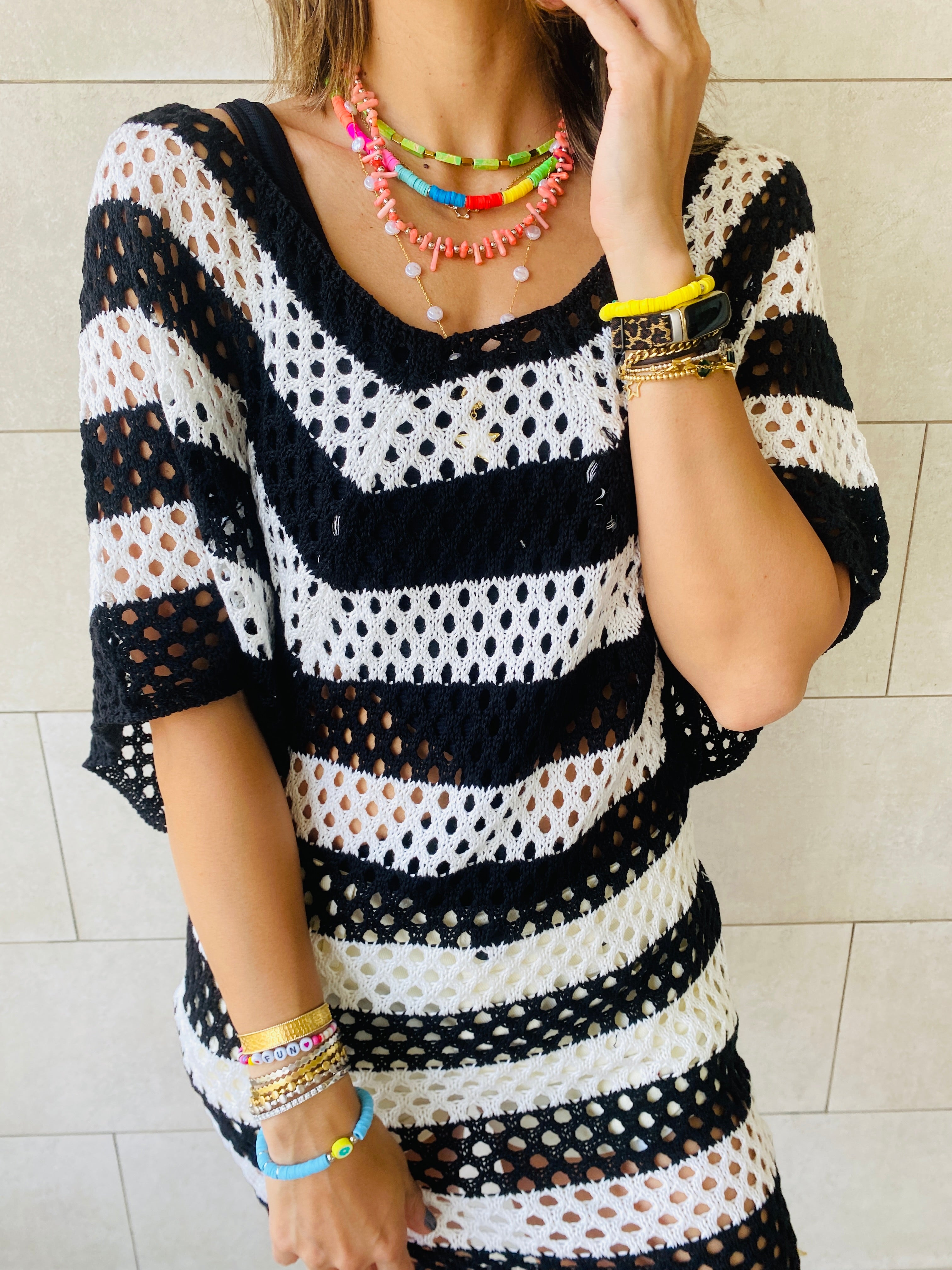 Black Crochet Striped Coverup