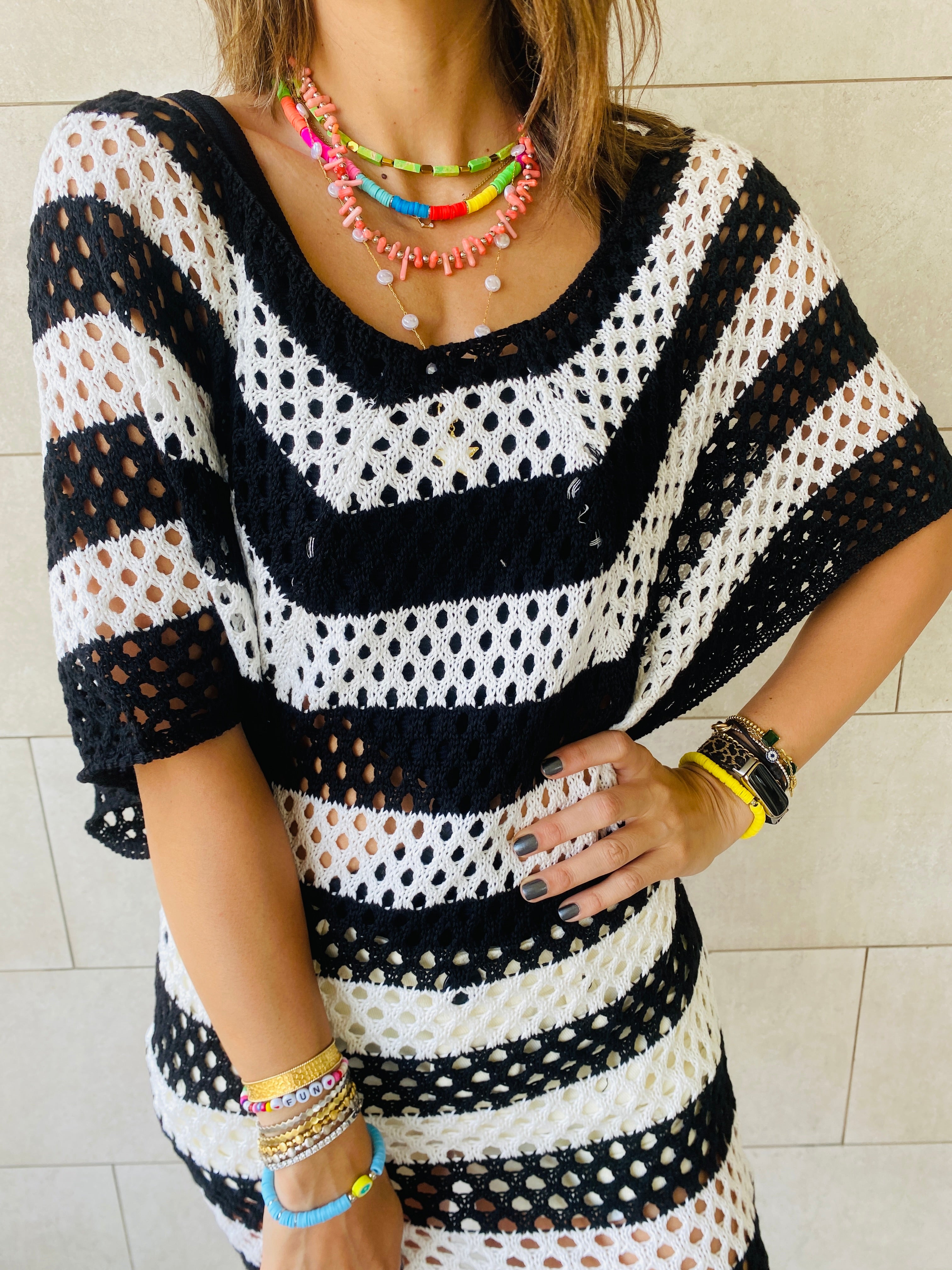 Black Crochet Striped Coverup