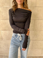 Black 130 Off Shoulder Long Sleeve Ruched Top