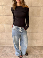 Black 130 Off Shoulder Long Sleeve Ruched Top