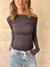 Black 130 Off Shoulder Long Sleeve Ruched Top