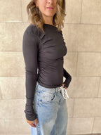 Black 130 Off Shoulder Long Sleeve Ruched Top