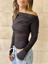 Black 130 Off Shoulder Long Sleeve Ruched Top