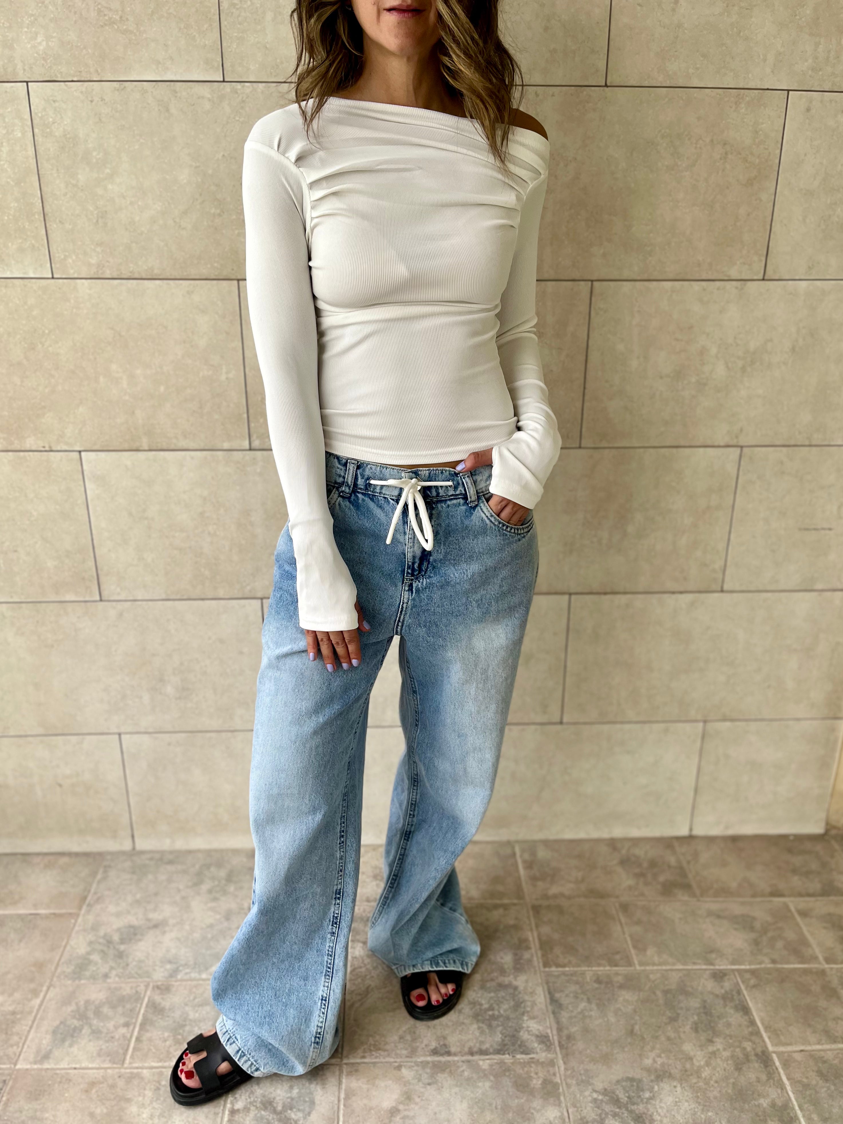 White 130 Off Shoulder Long Sleeve Ruched Top