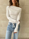 White 130 Off Shoulder Long Sleeve Ruched Top