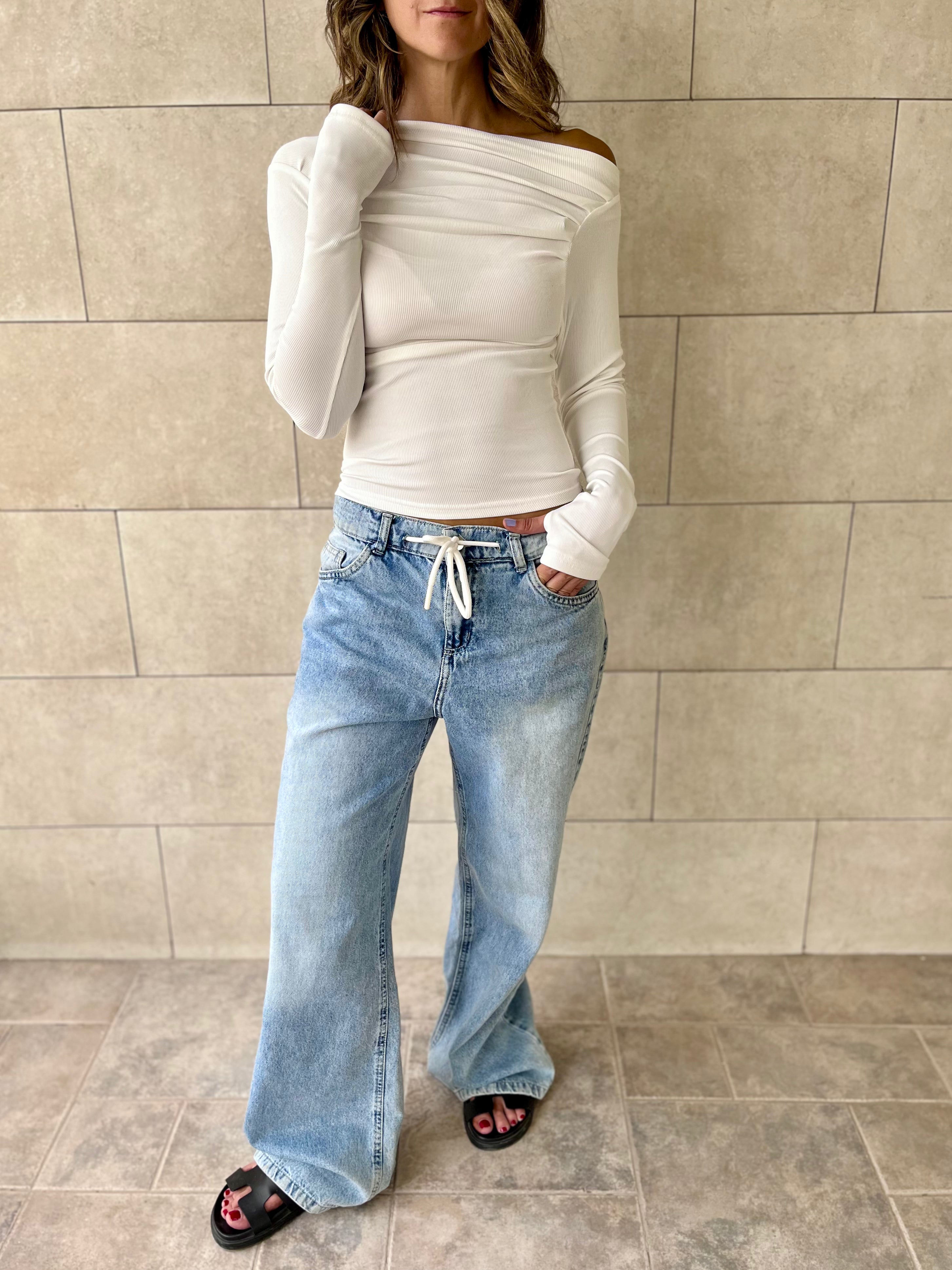 White 130 Off Shoulder Long Sleeve Ruched Top