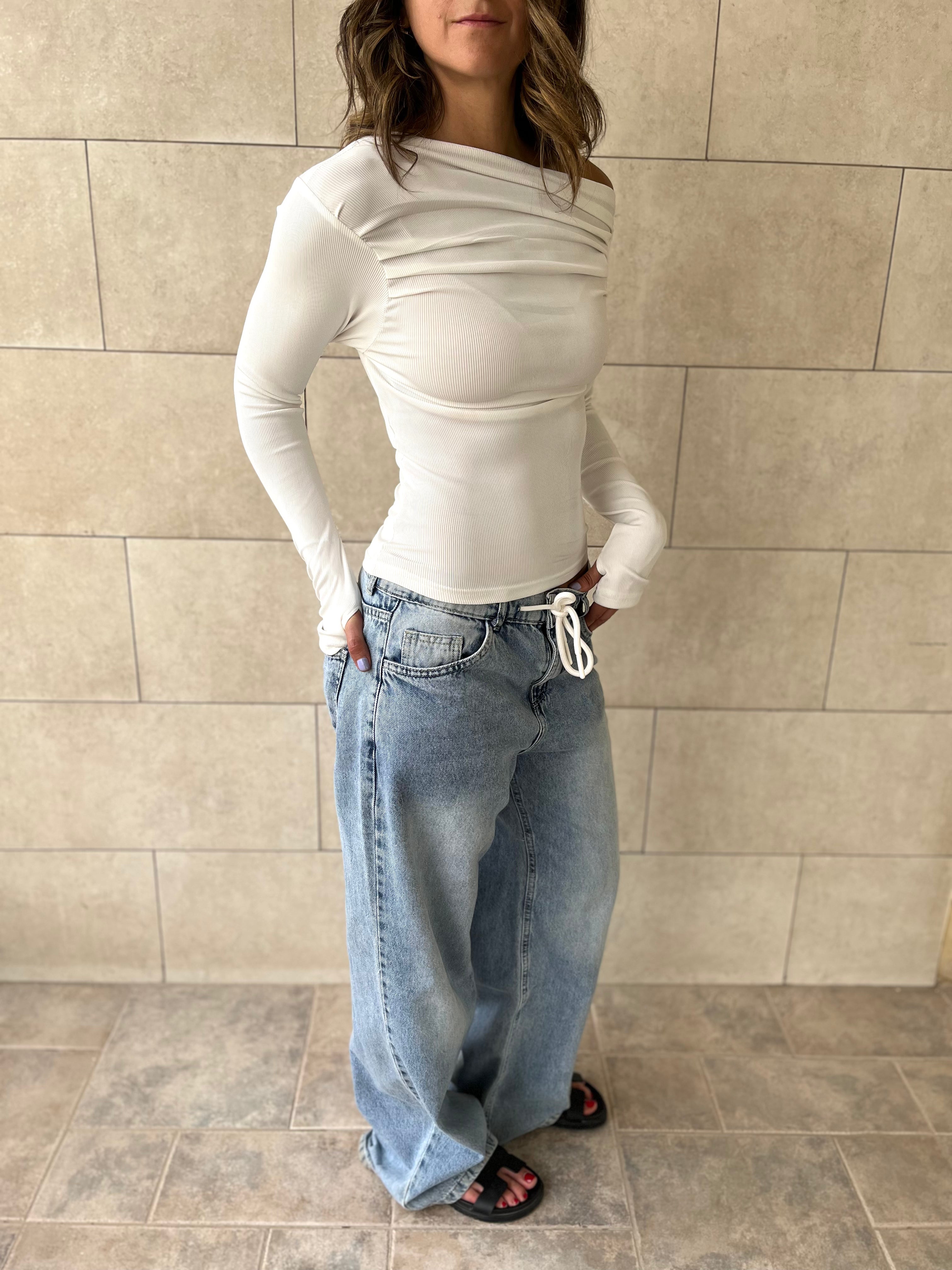 White 130 Off Shoulder Long Sleeve Ruched Top