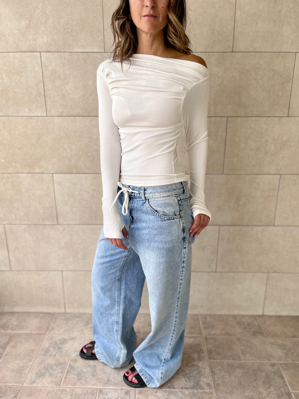 White 130 Off Shoulder Long Sleeve Ruched Top