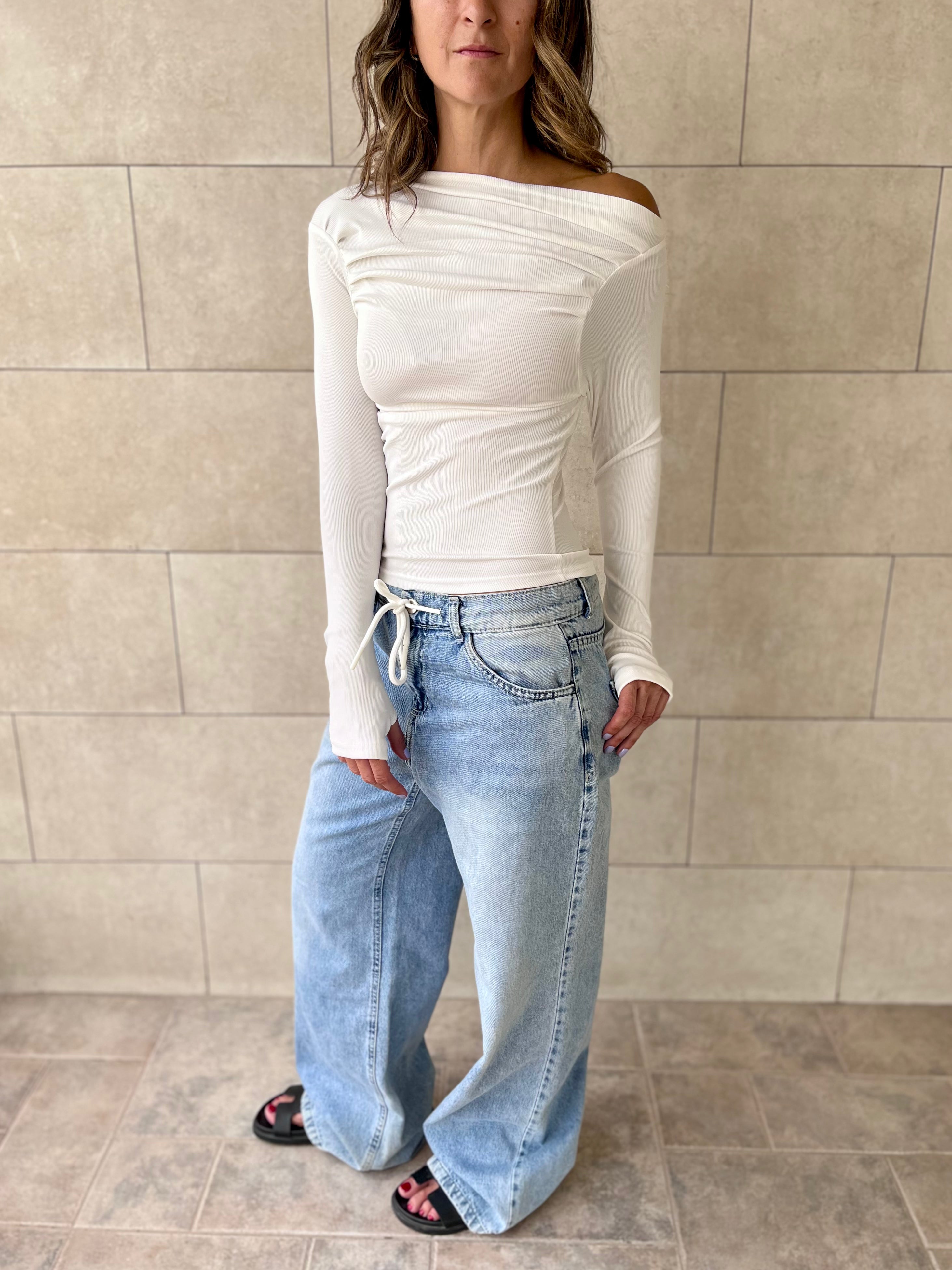 White 130 Off Shoulder Long Sleeve Ruched Top