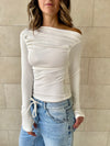 White 130 Off Shoulder Long Sleeve Ruched Top