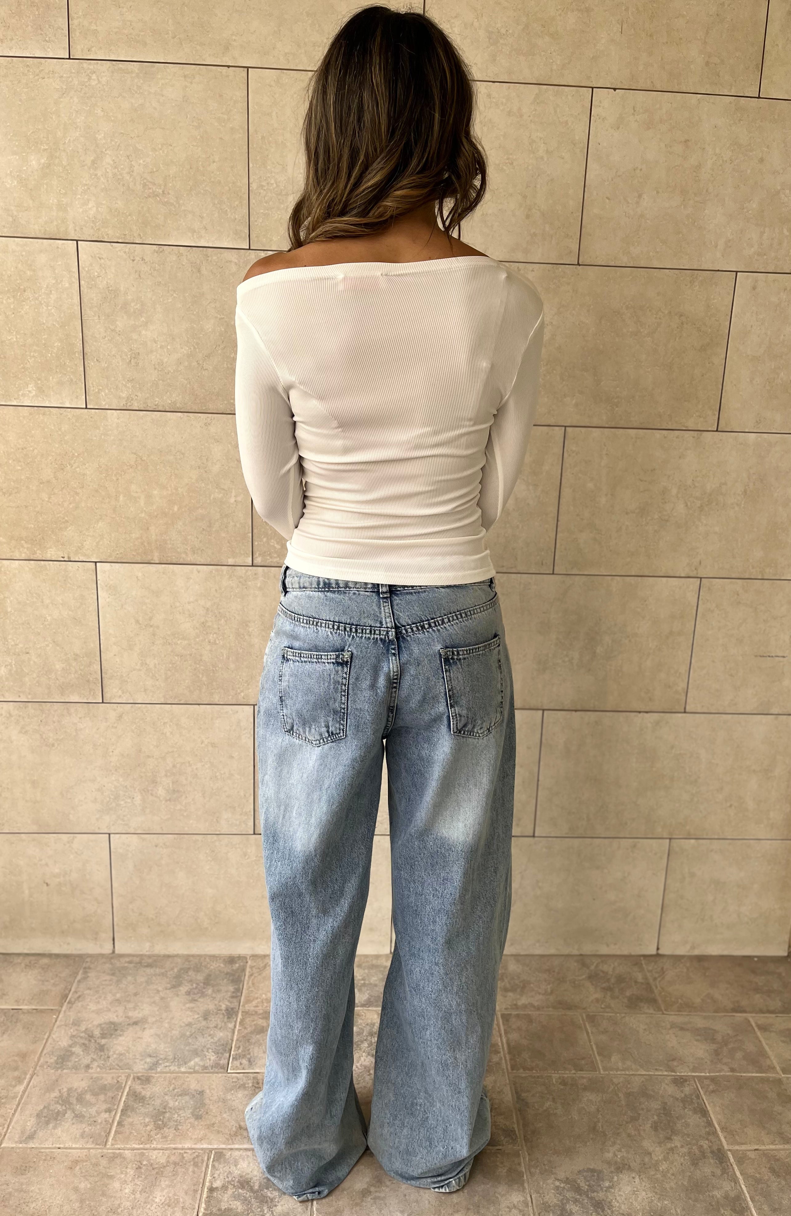 White 130 Off Shoulder Long Sleeve Ruched Top