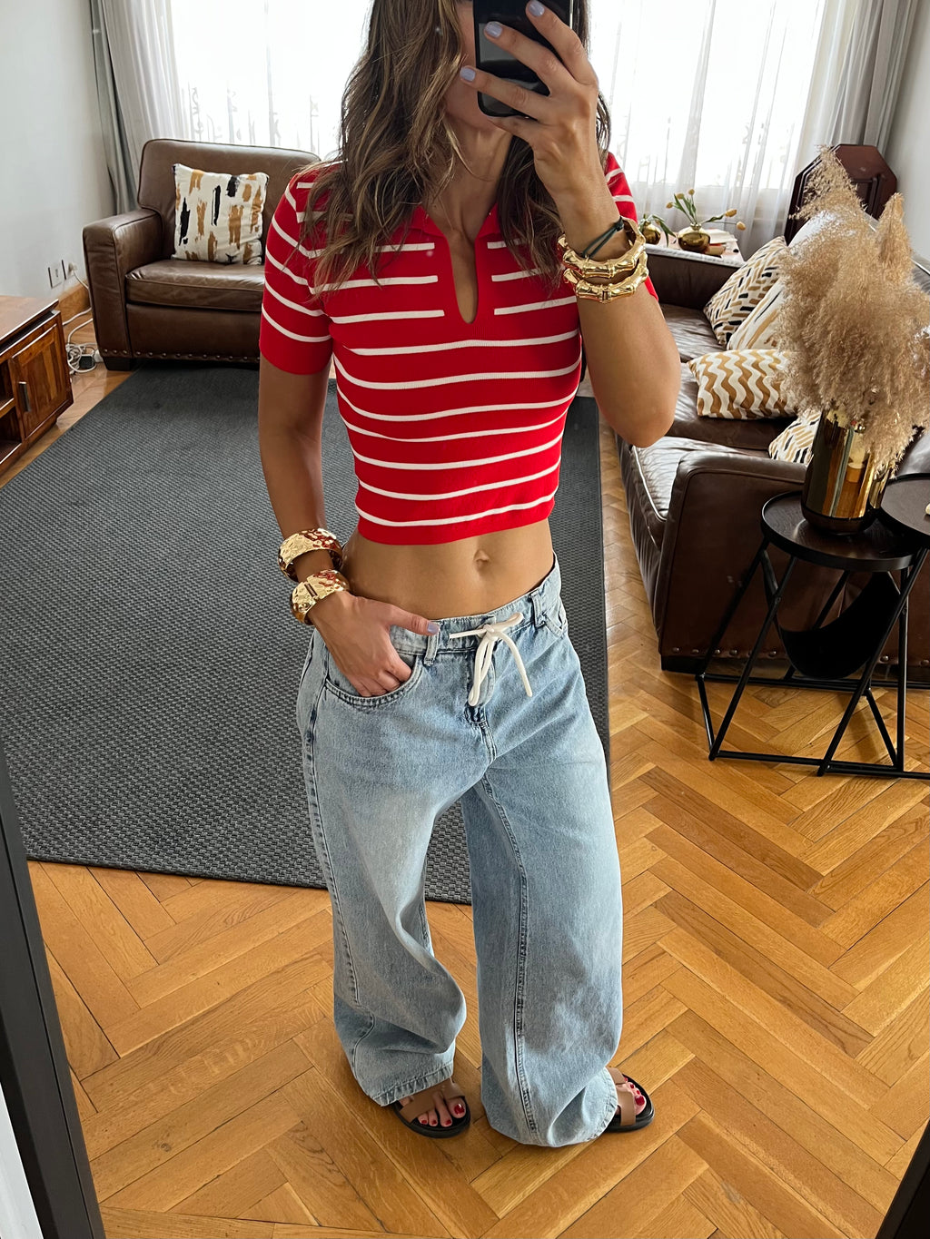 Red Striped Signature Cropped Polo