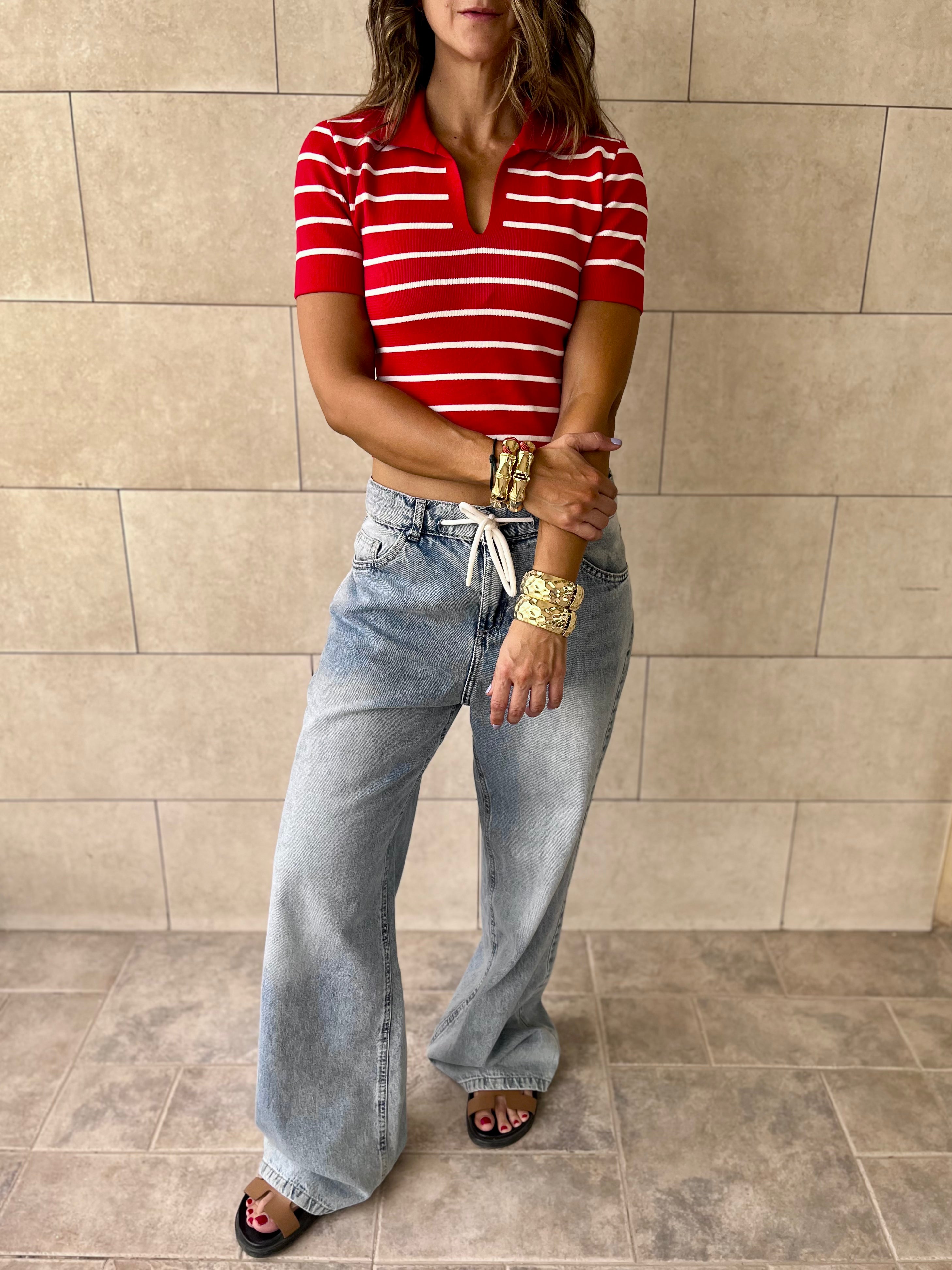 Red Striped Signature Cropped Polo