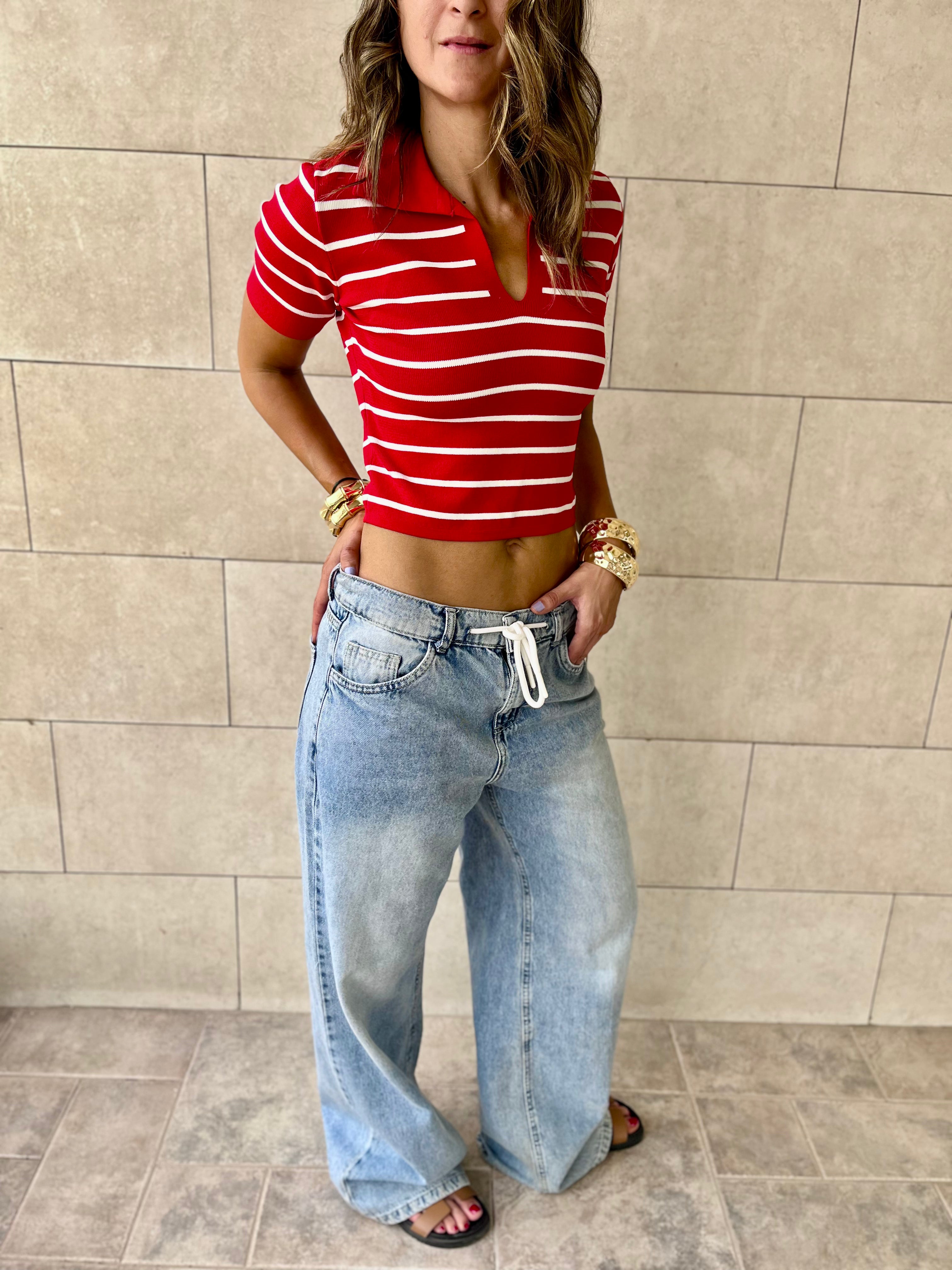 Red Striped Signature Cropped Polo