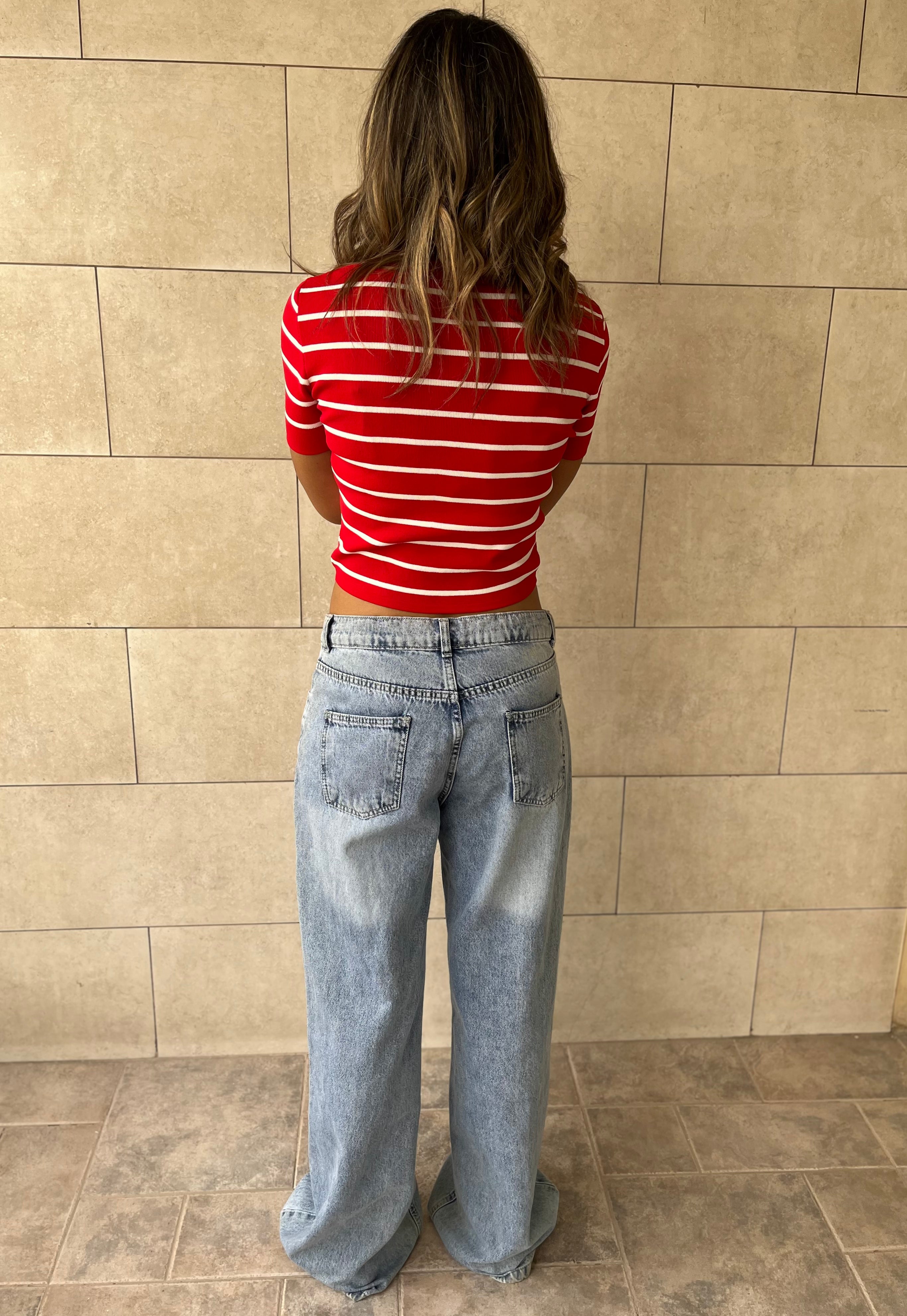 Red Striped Signature Cropped Polo