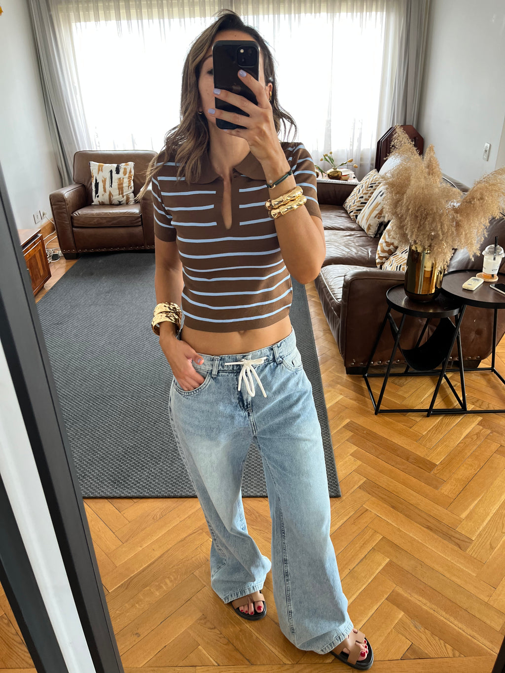 Brown Striped Signature Cropped Polo