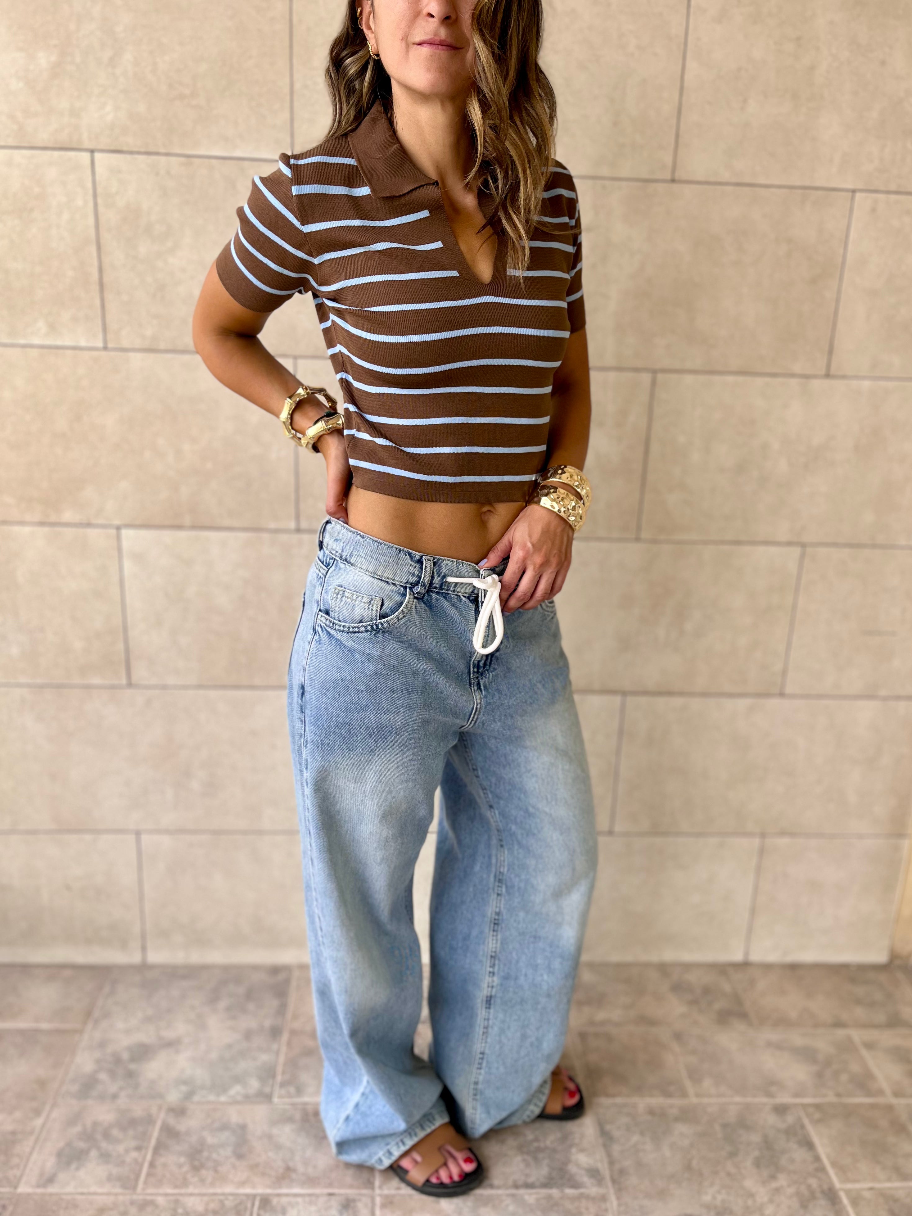 Brown Striped Signature Cropped Polo