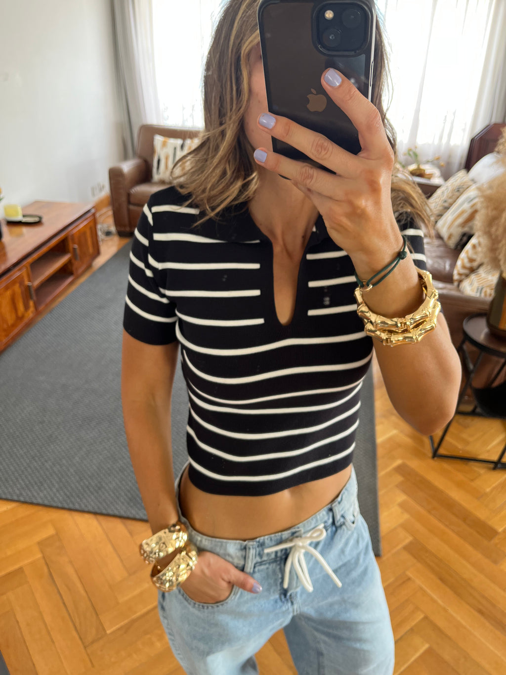 Black Striped Signature Cropped Polo