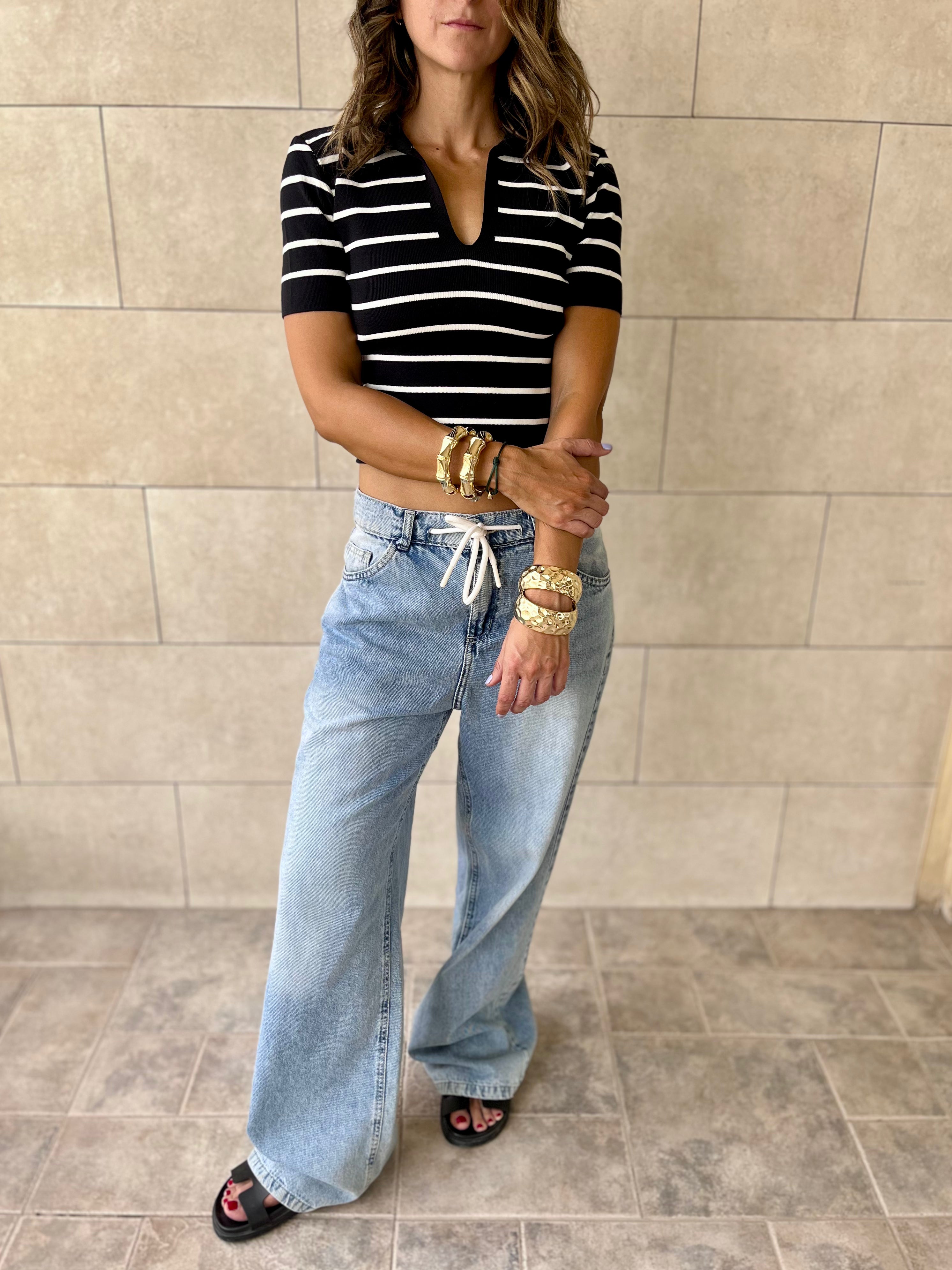 Black Striped Signature Cropped Polo