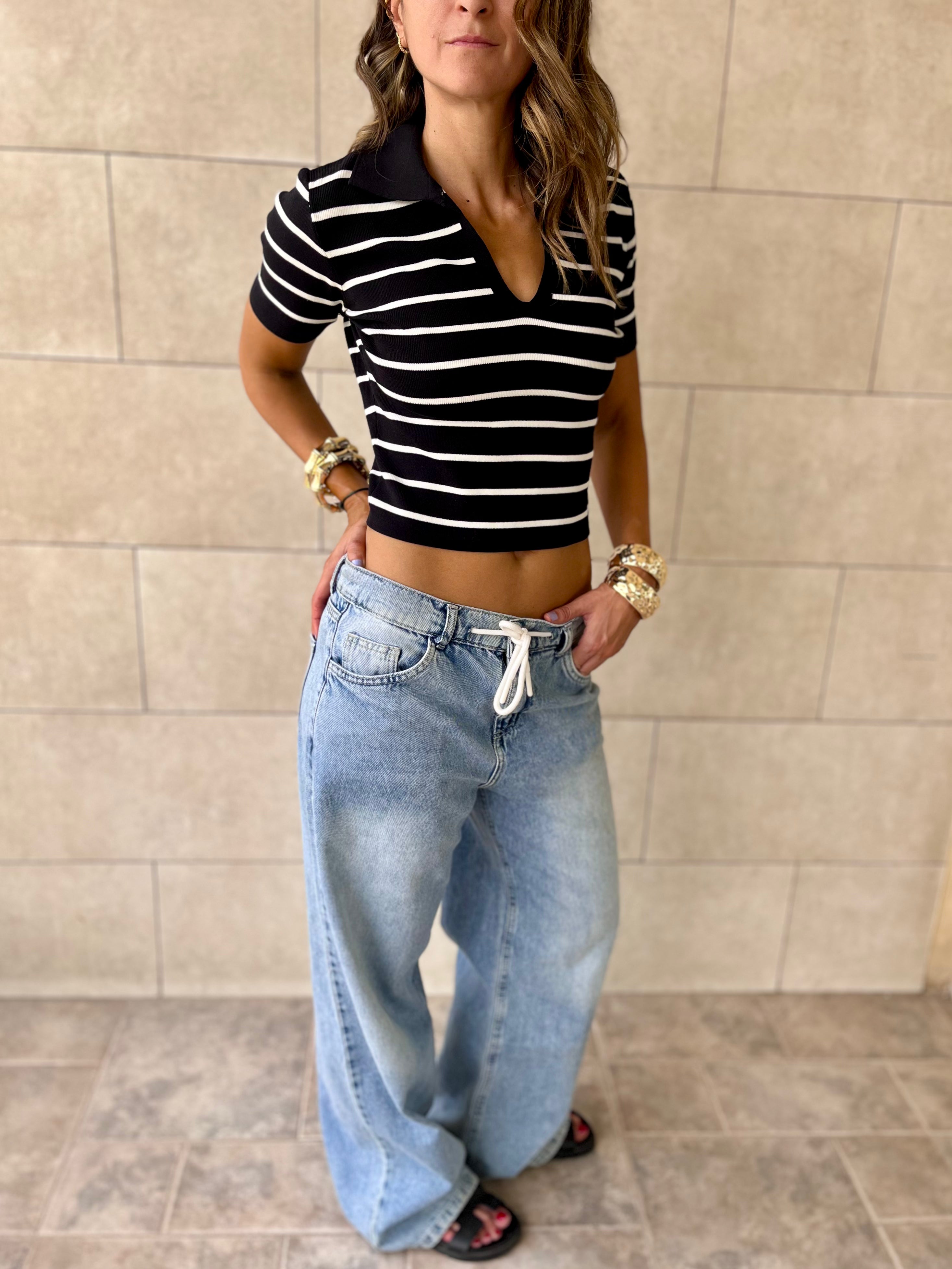 Black Striped Signature Cropped Polo