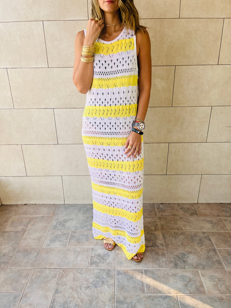 Yellow Crochet Stripes Longline Cover Up