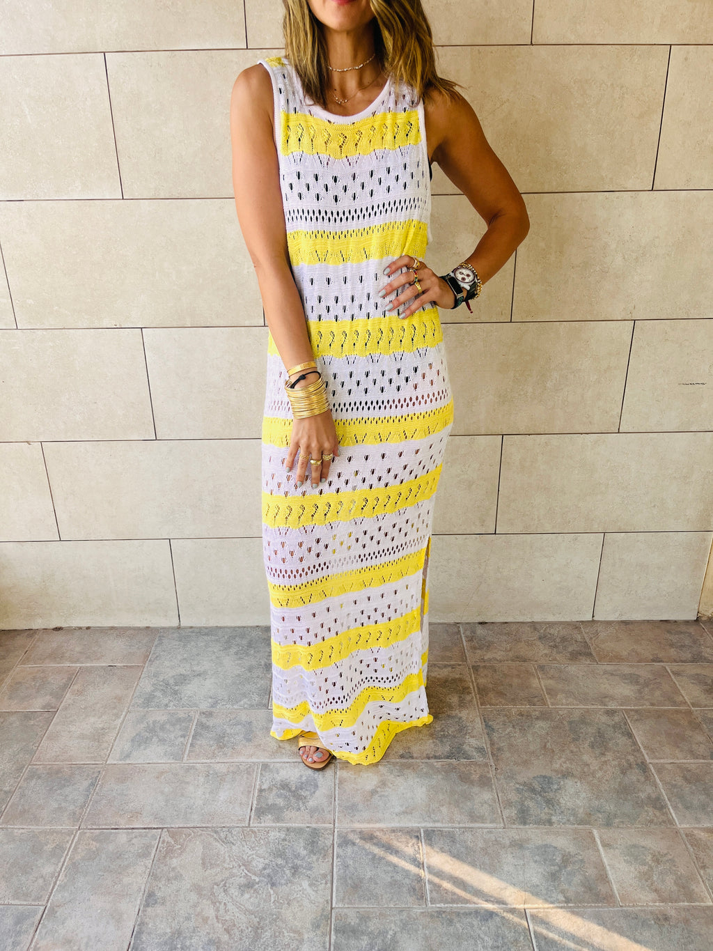 Yellow Crochet Stripes Longline Cover Up