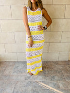 Yellow Crochet Stripes Longline Cover Up