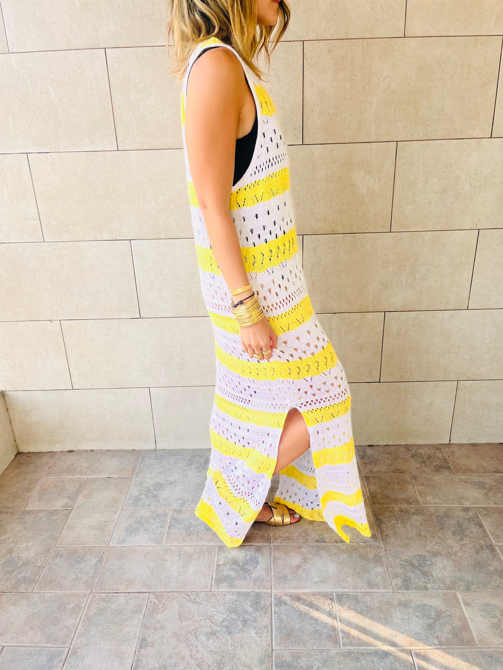 Yellow Crochet Stripes Longline Cover Up