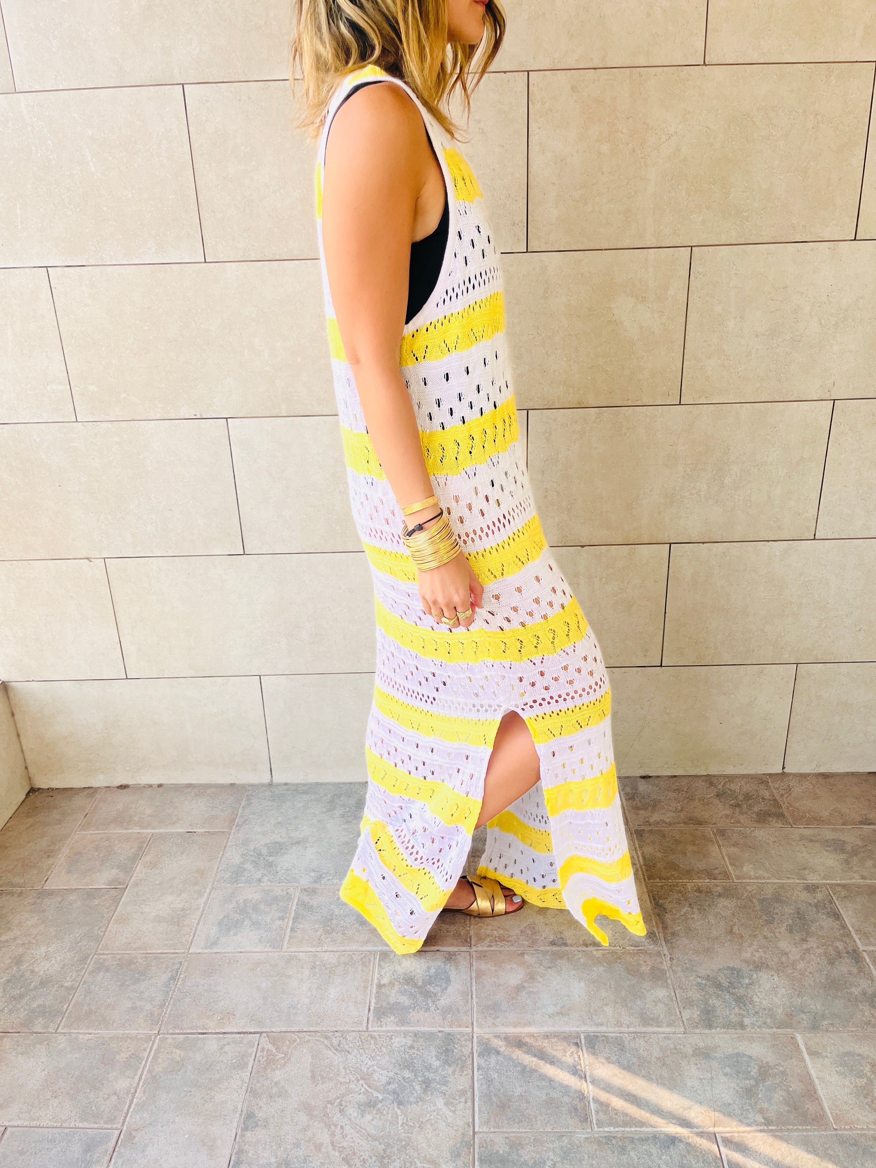 Yellow Crochet Stripes Longline Cover Up