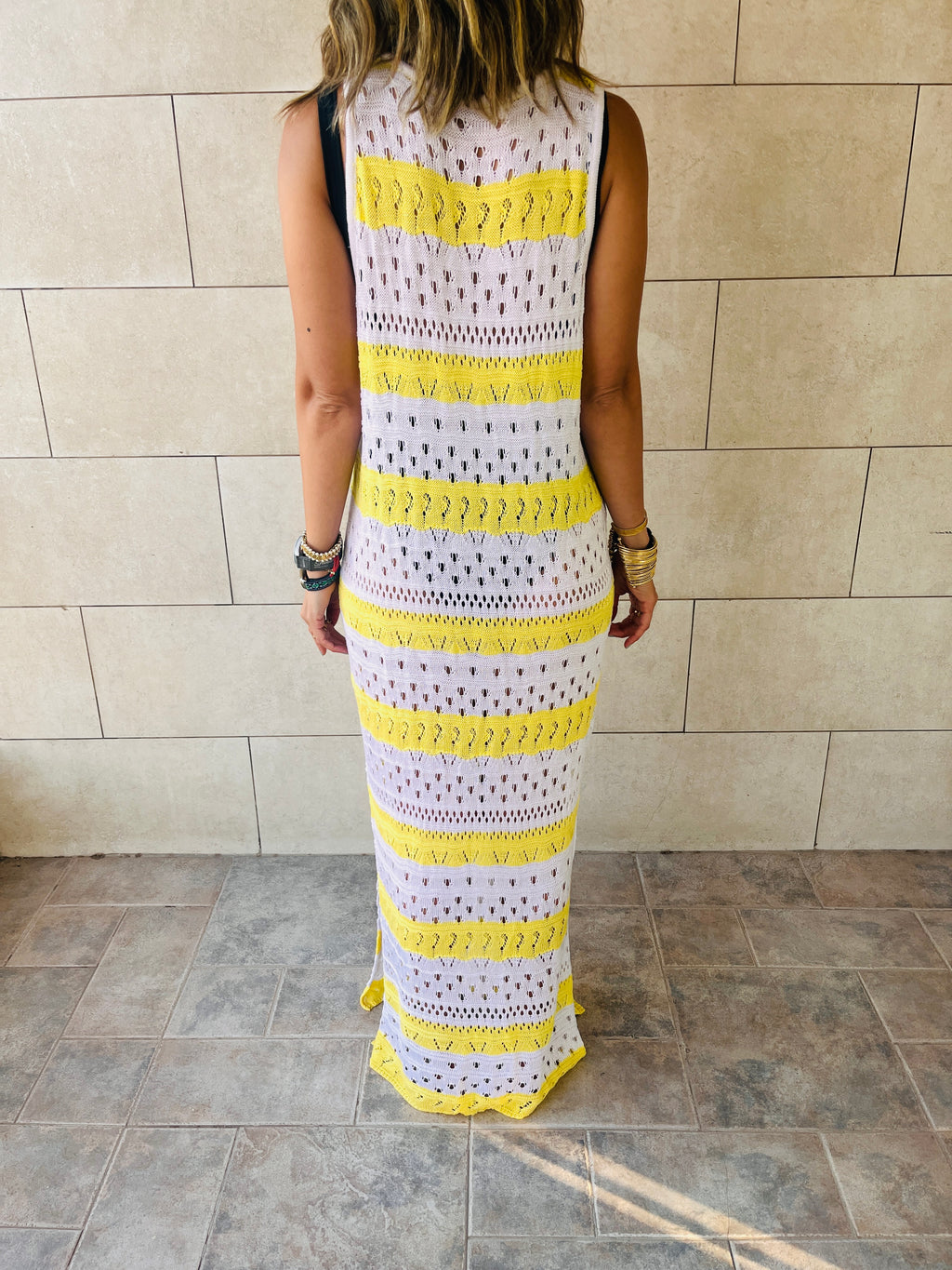 Yellow Crochet Stripes Longline Cover Up