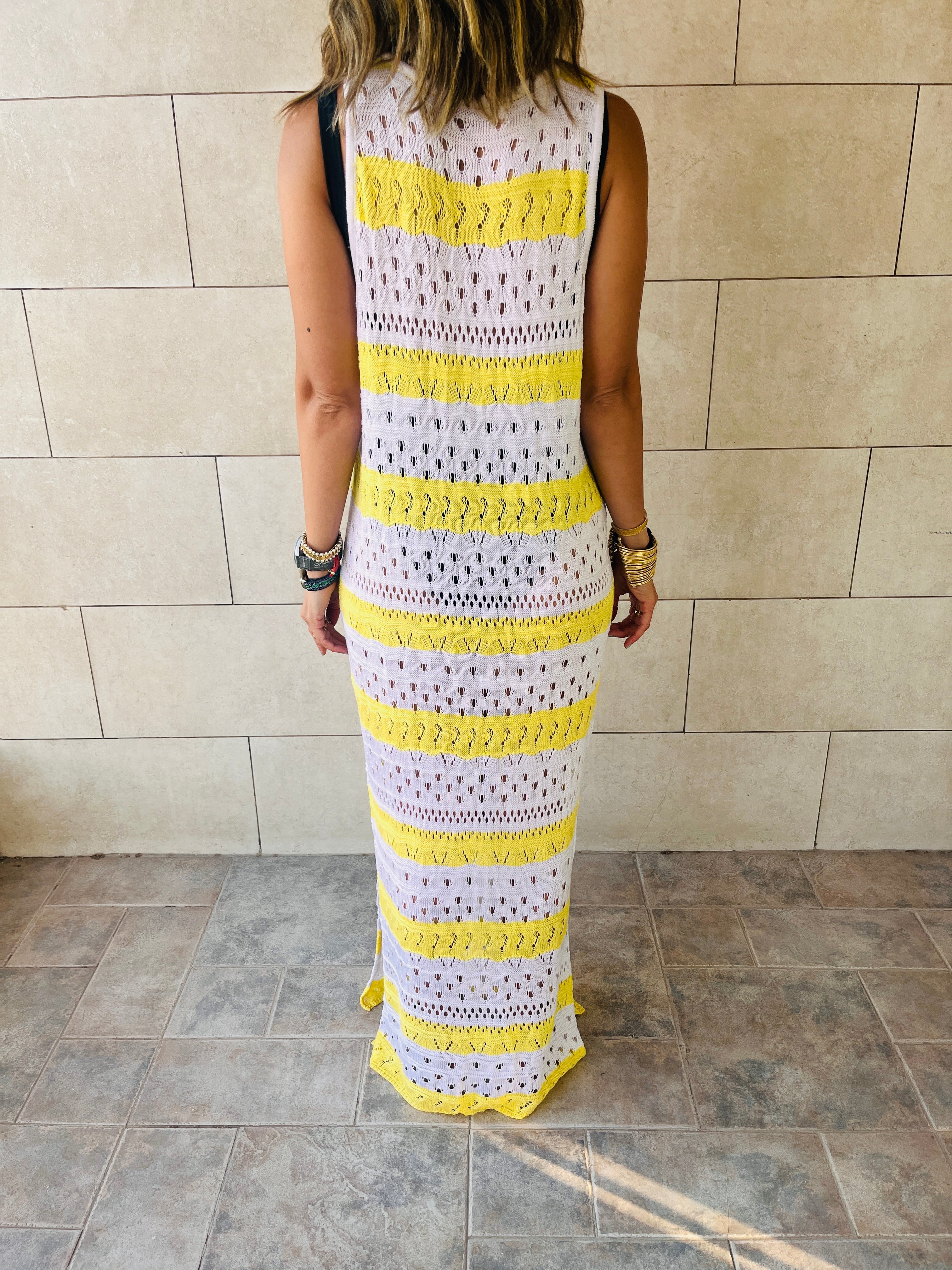 Yellow Crochet Stripes Longline Cover Up