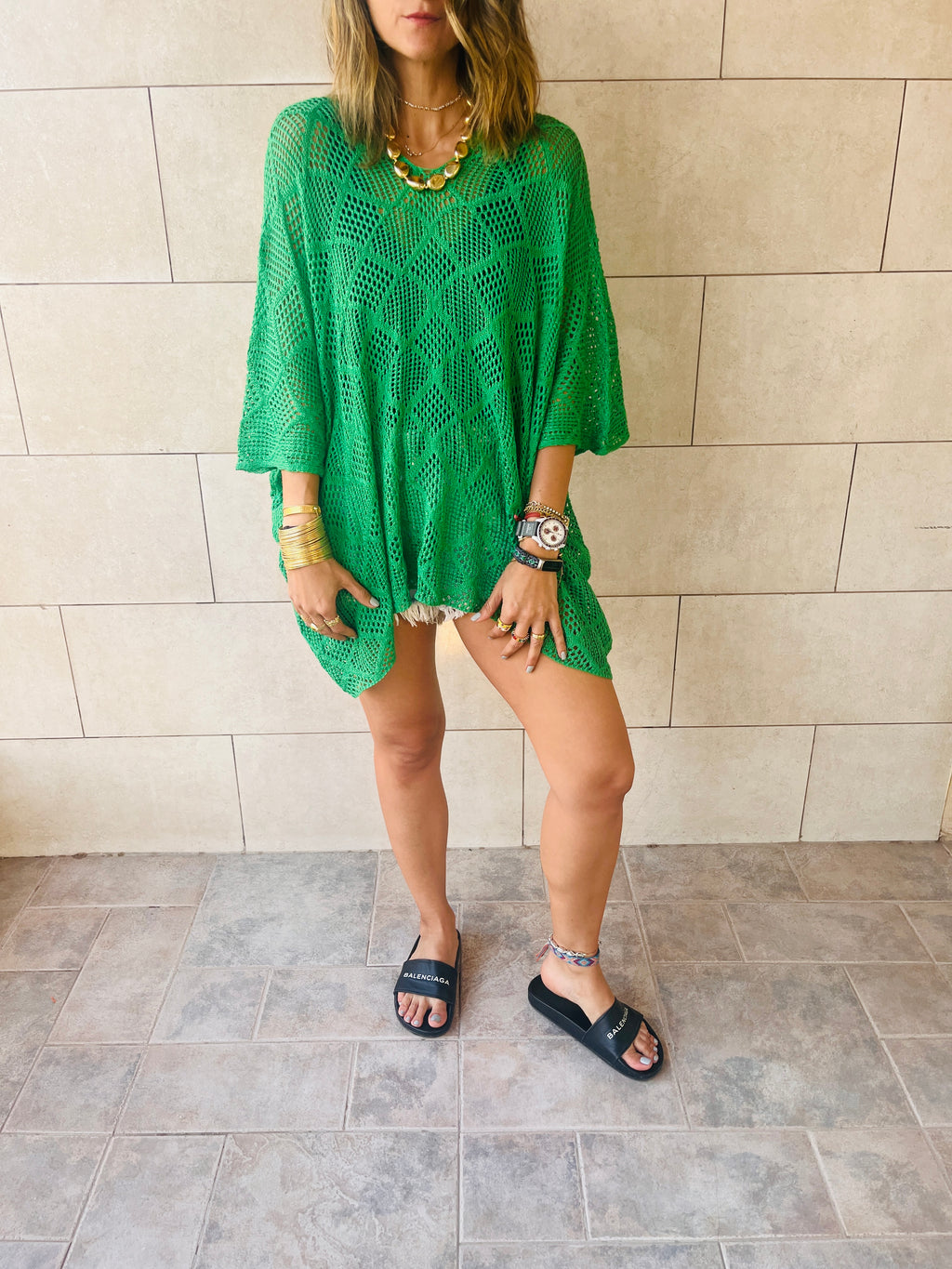 Green Beehive Crochet Oversized Top