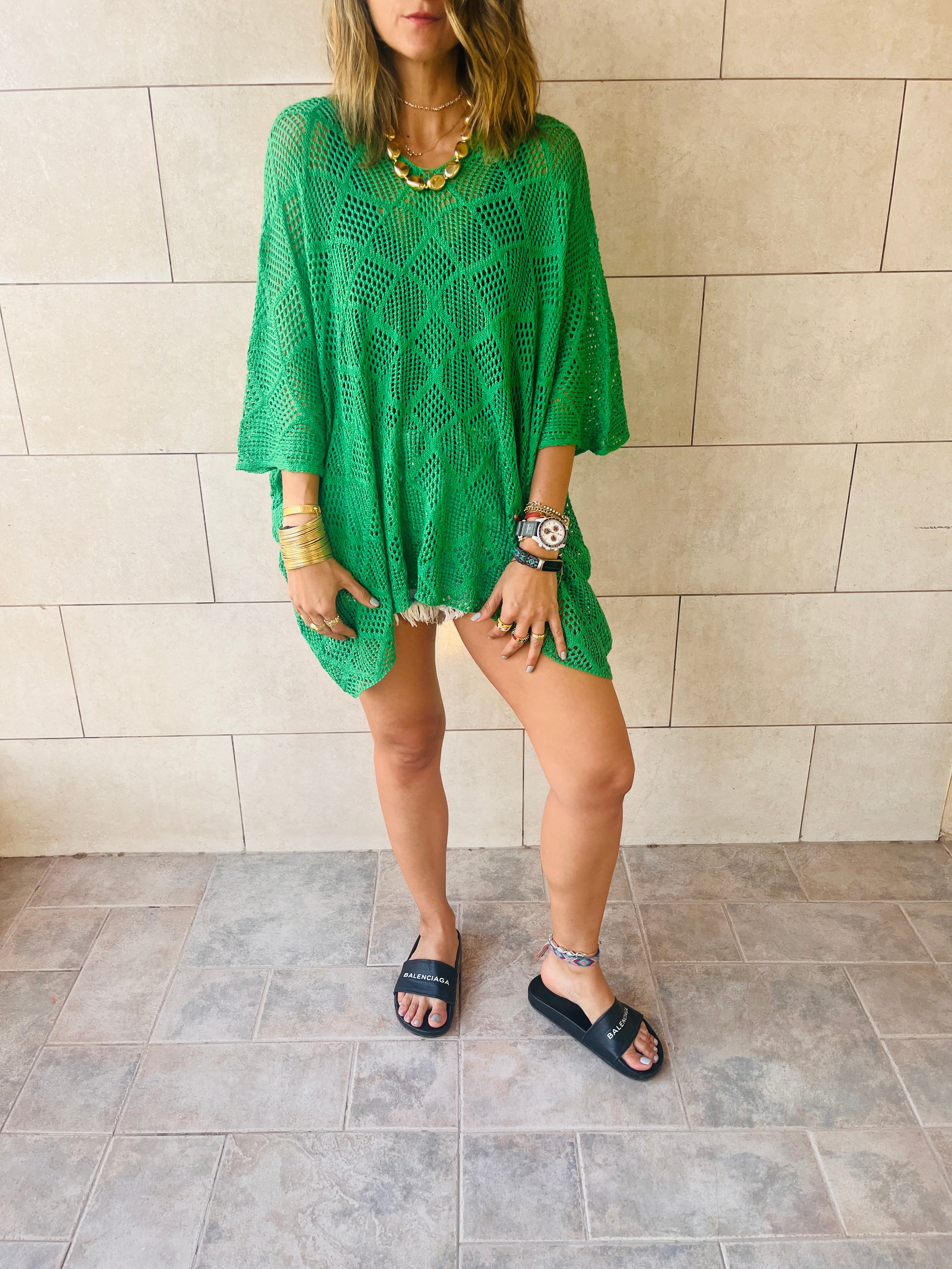 Green Beehive Crochet Oversized Top