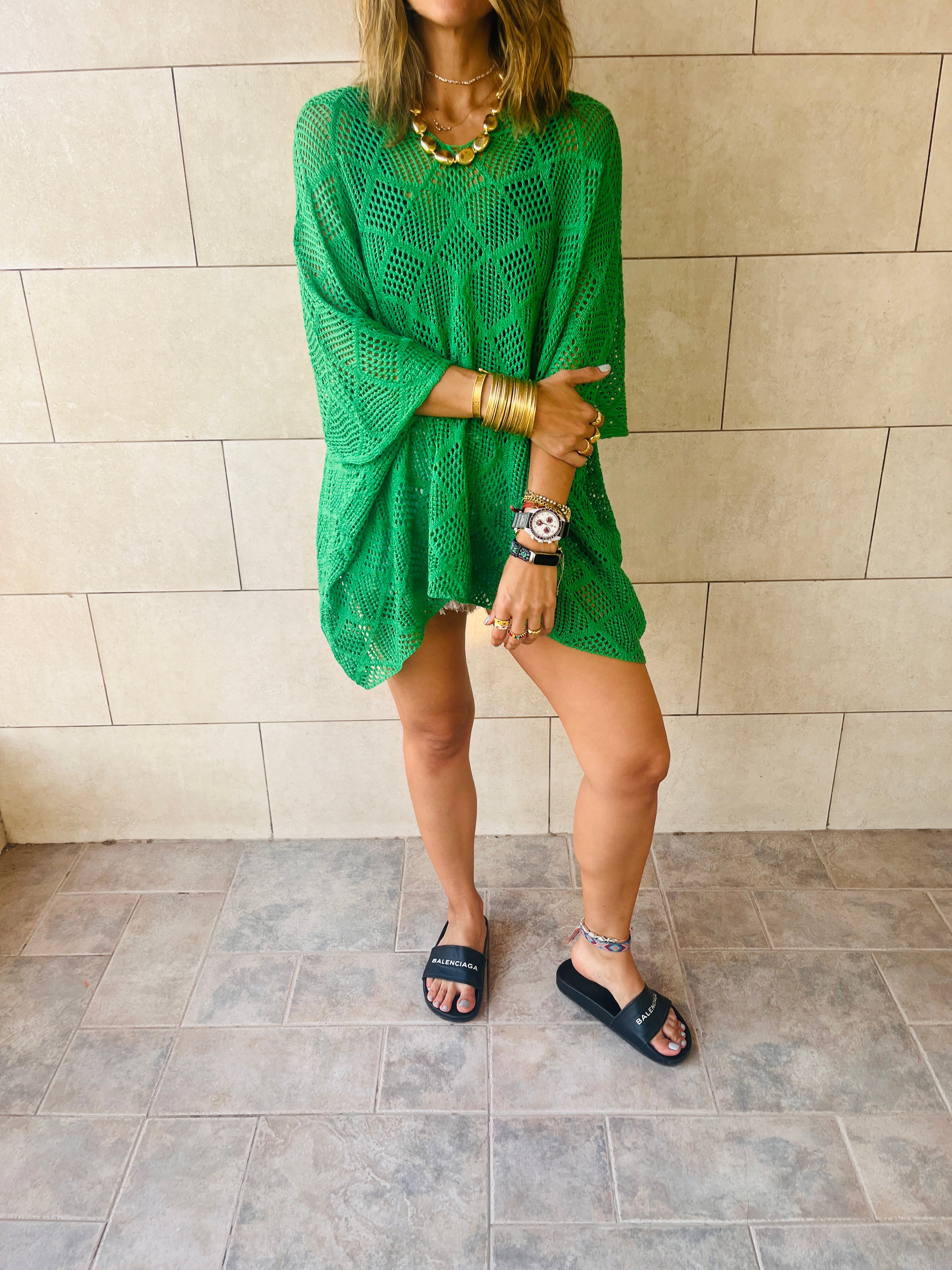 Green Beehive Crochet Oversized Top