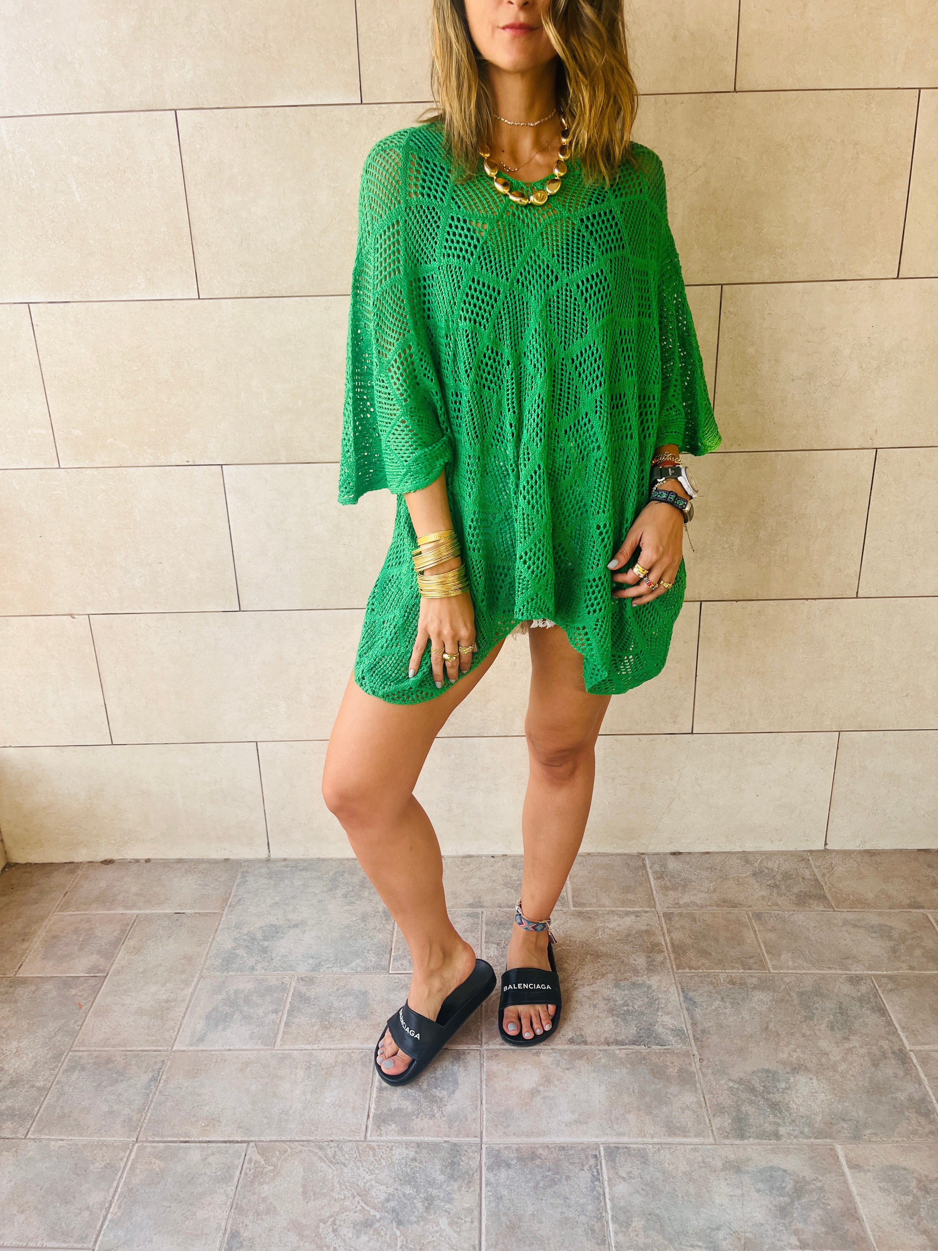 Green Beehive Crochet Oversized Top