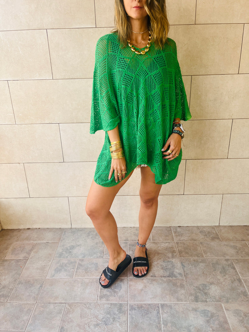 Green Beehive Crochet Oversized Top