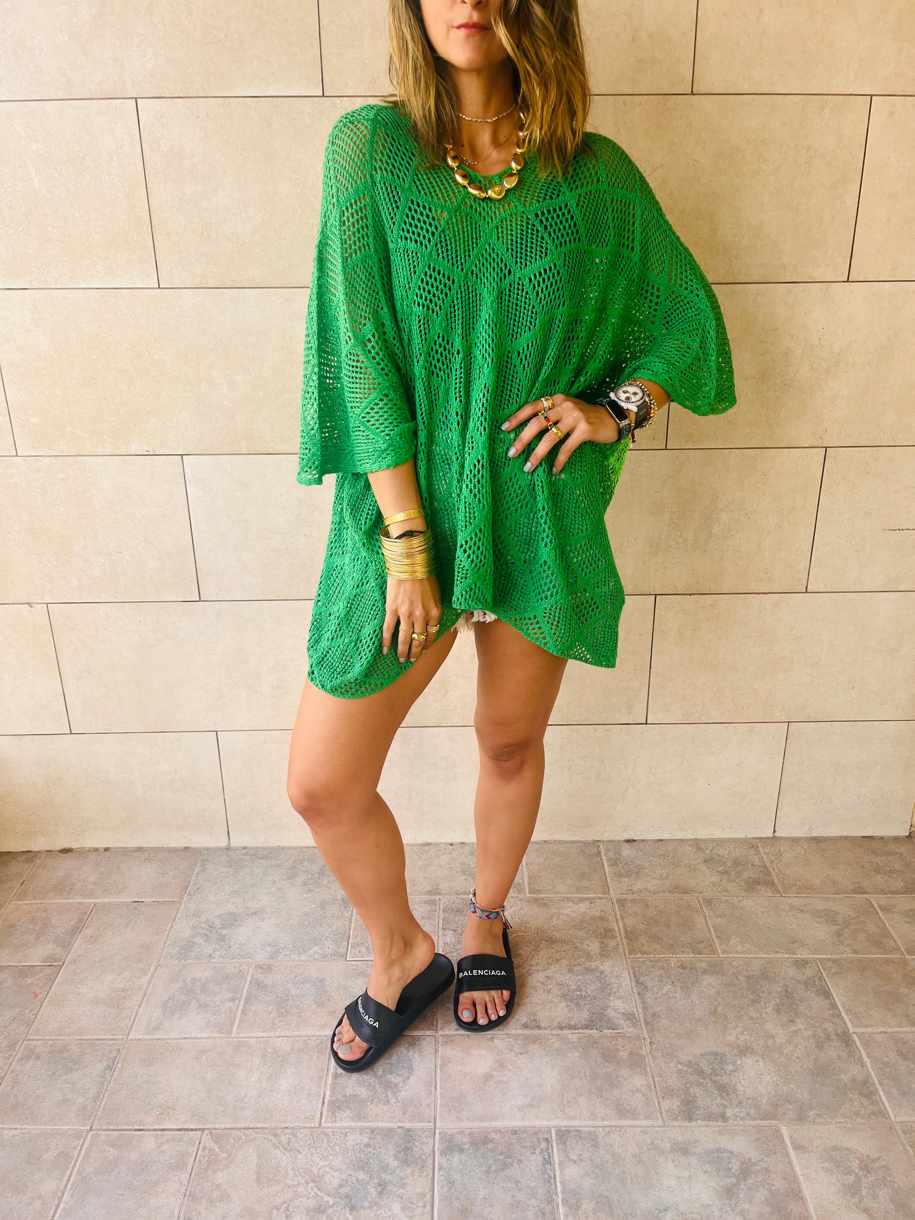 Green Beehive Crochet Oversized Top