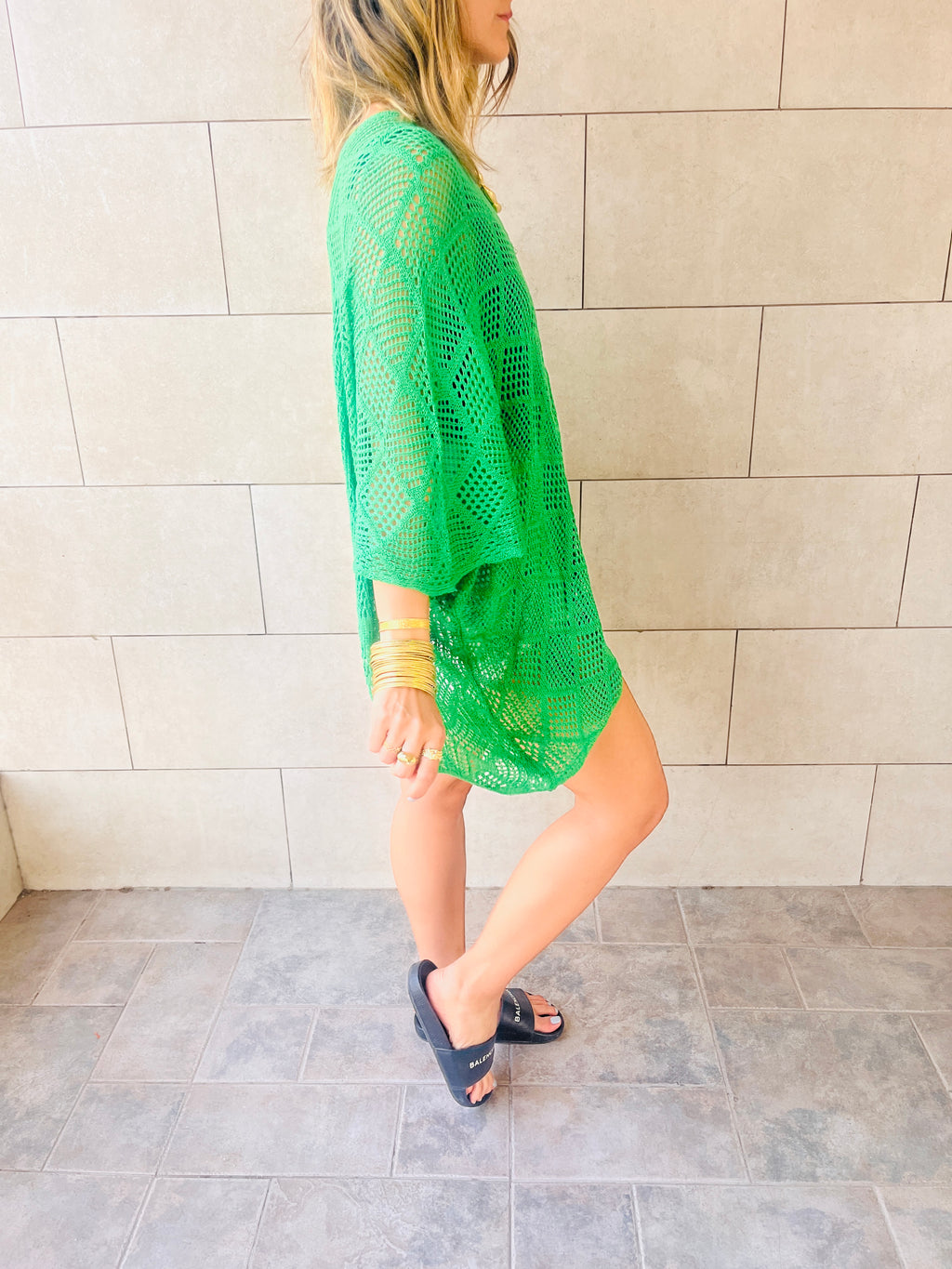 Green Beehive Crochet Oversized Top