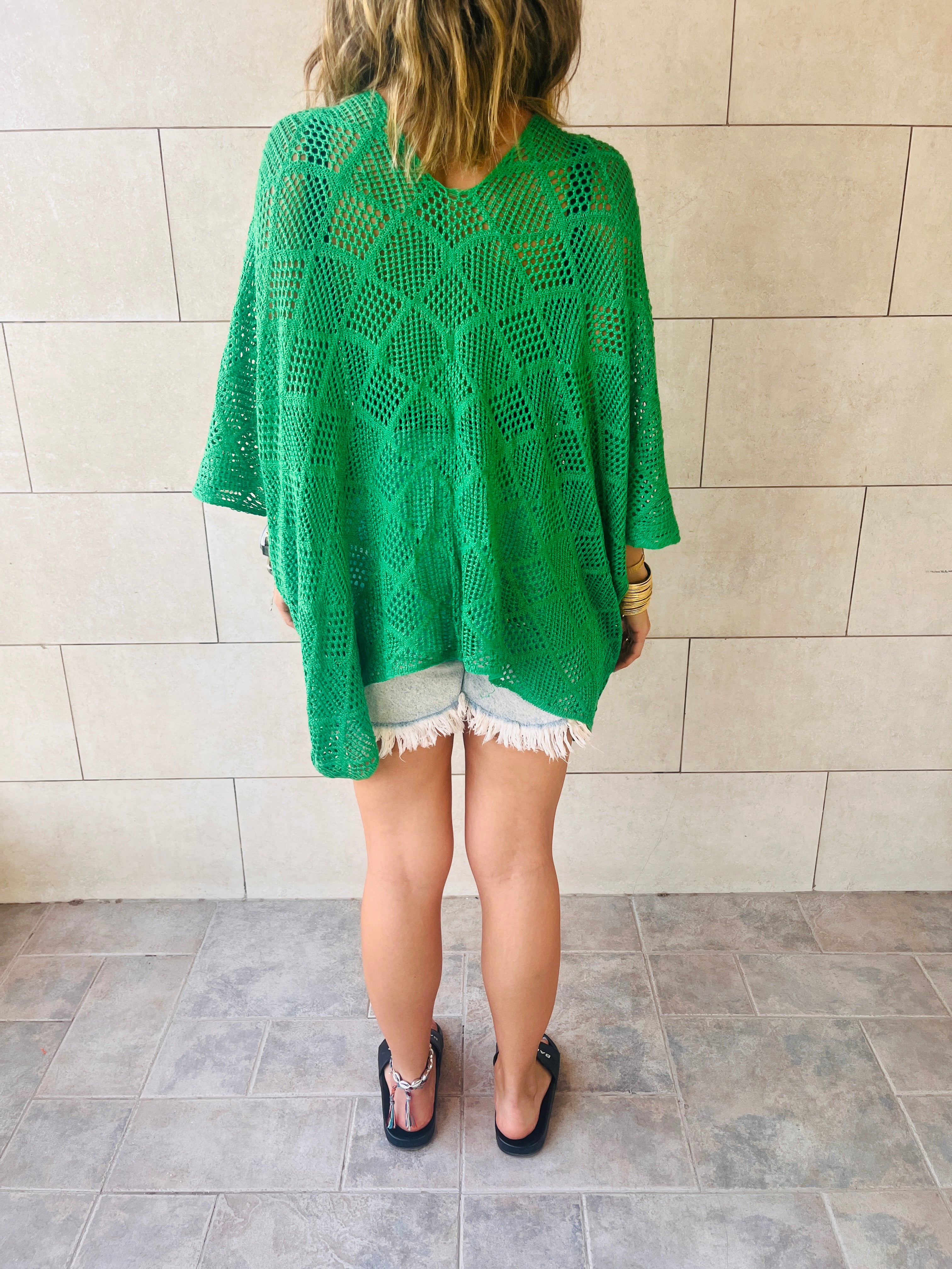 Green Beehive Crochet Oversized Top