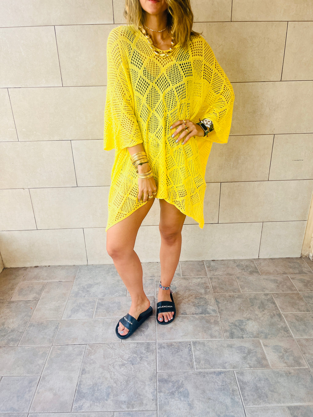 Yellow Beehive Crochet Oversized Top