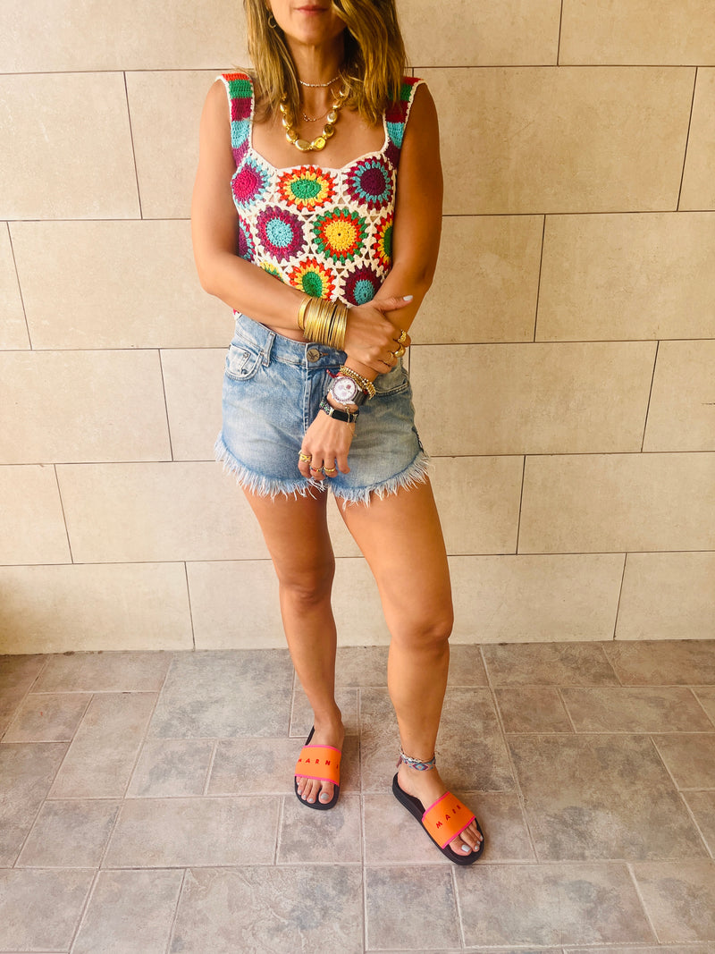 White St Tropez Crochet Patchwork Crop
