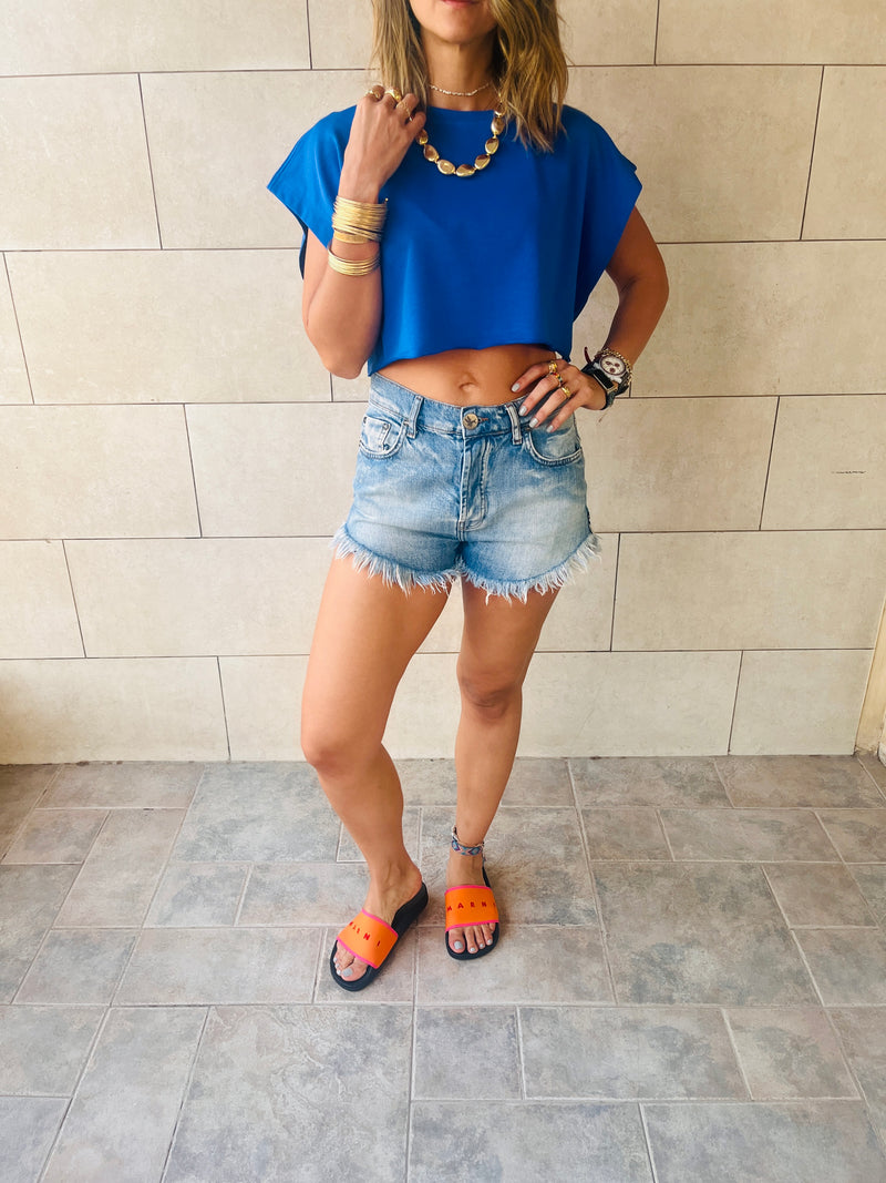 White & Blue & Orange Essential Cropped Baggy Tee