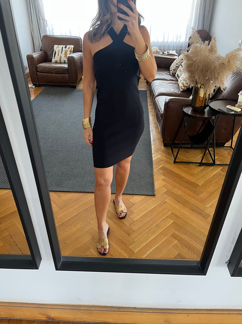 Black 99 Interknit Cross Neck Short Dress