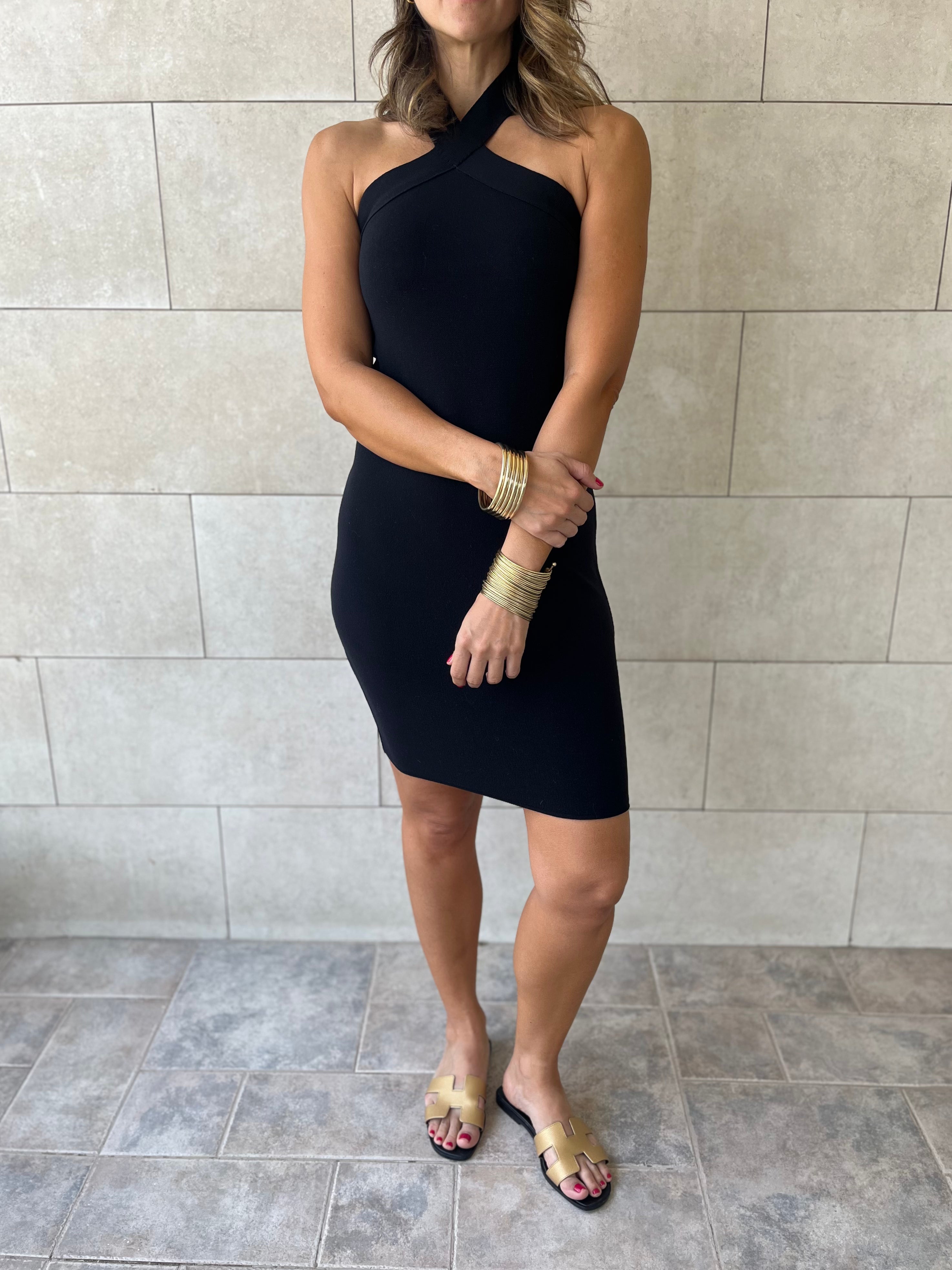 Black 99 Interknit Cross Neck Short Dress