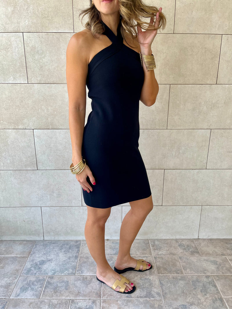 Black 99 Interknit Cross Neck Short Dress