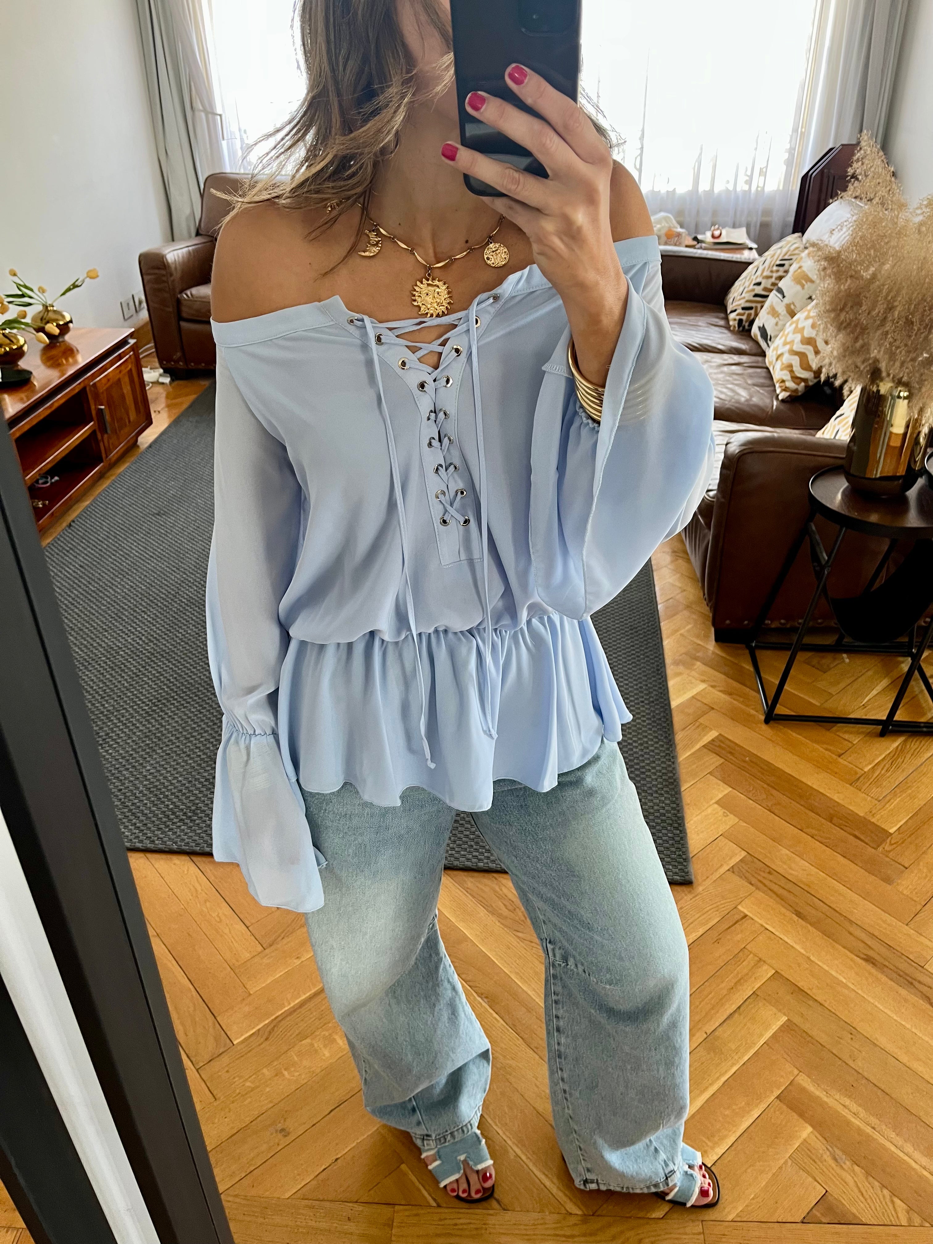 Baby Blue Criss Cross Tie Chiffon Blouse