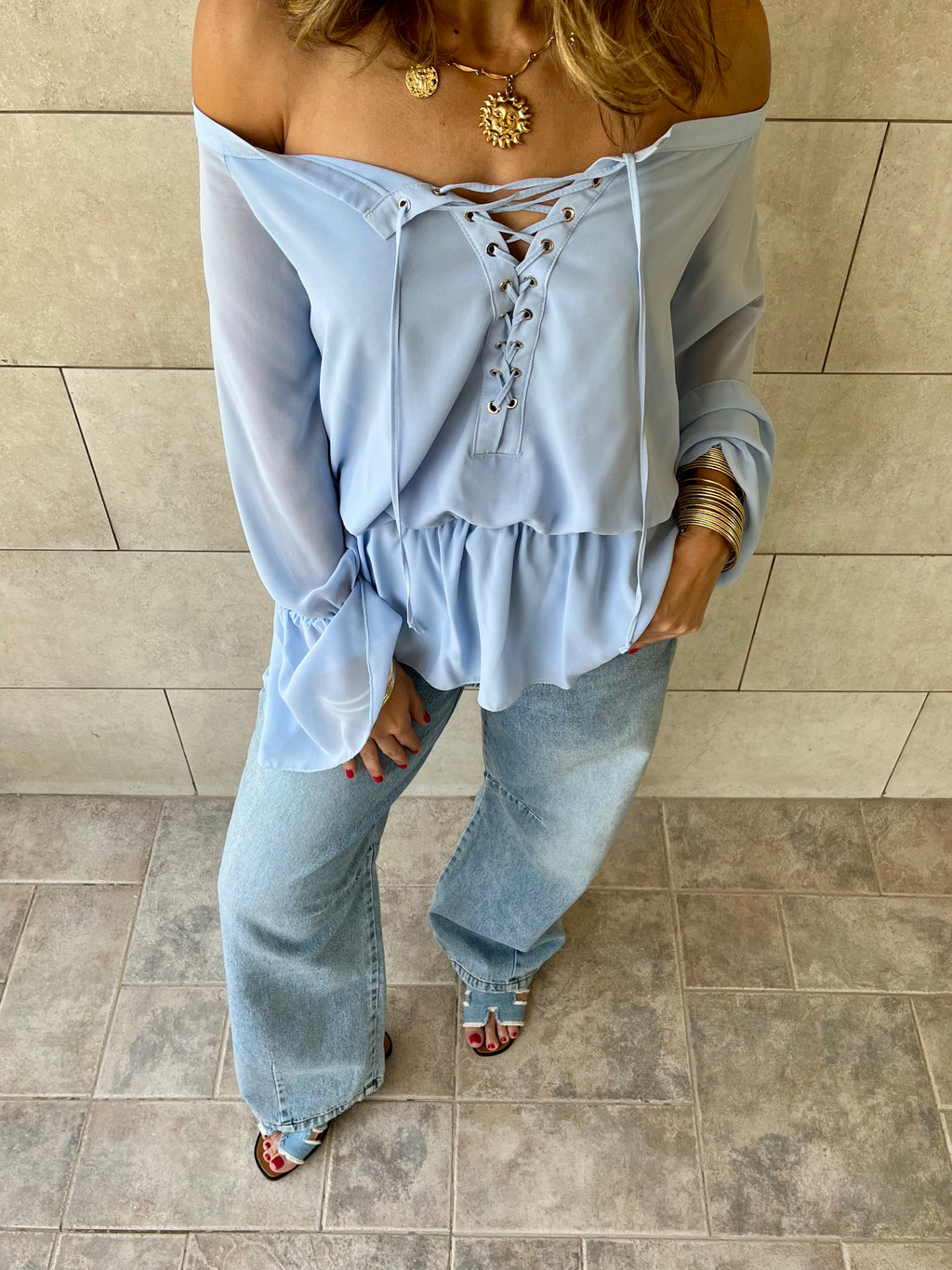 Baby Blue Criss Cross Tie Chiffon Blouse