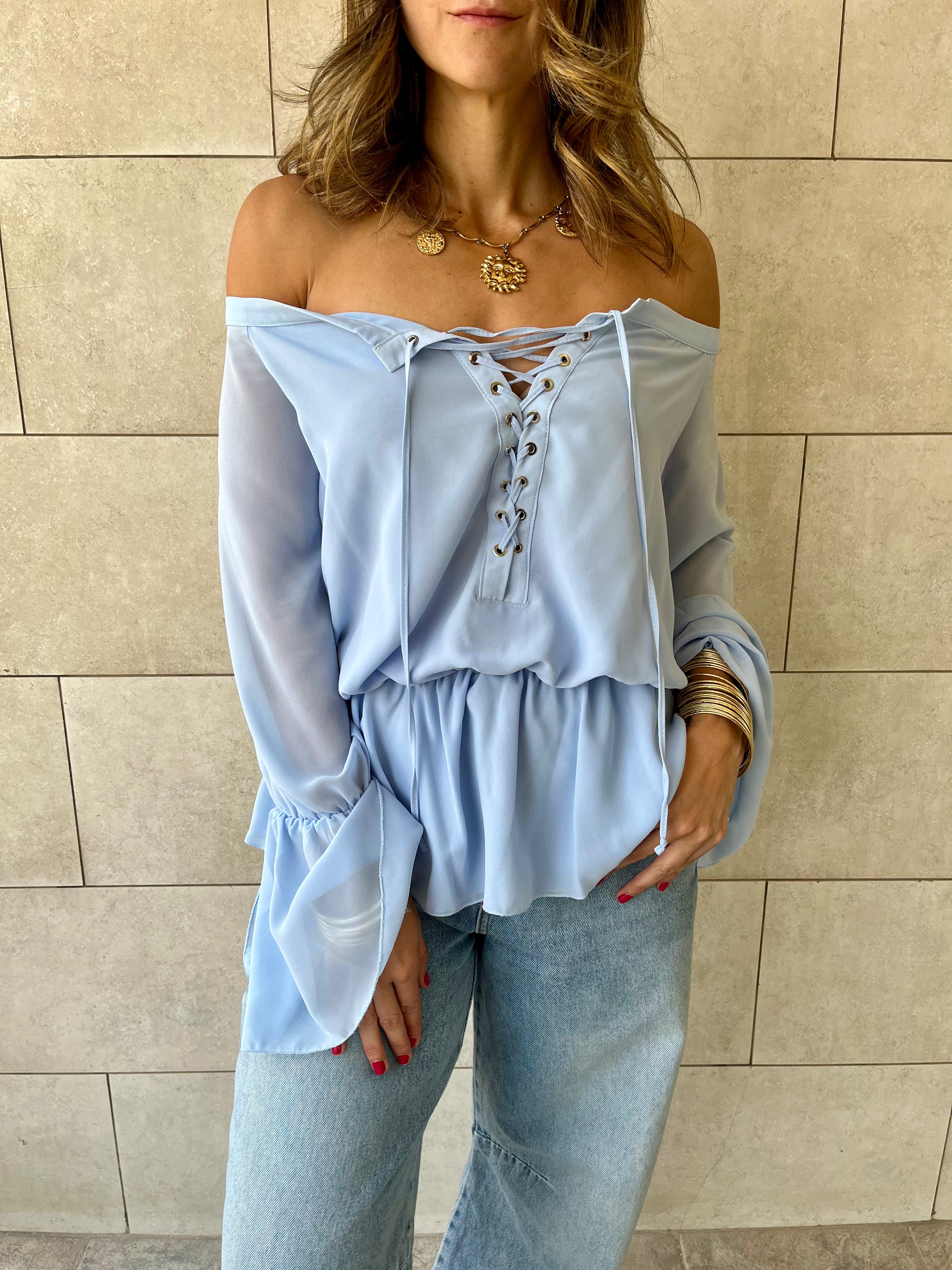 Baby Blue Criss Cross Tie Chiffon Blouse