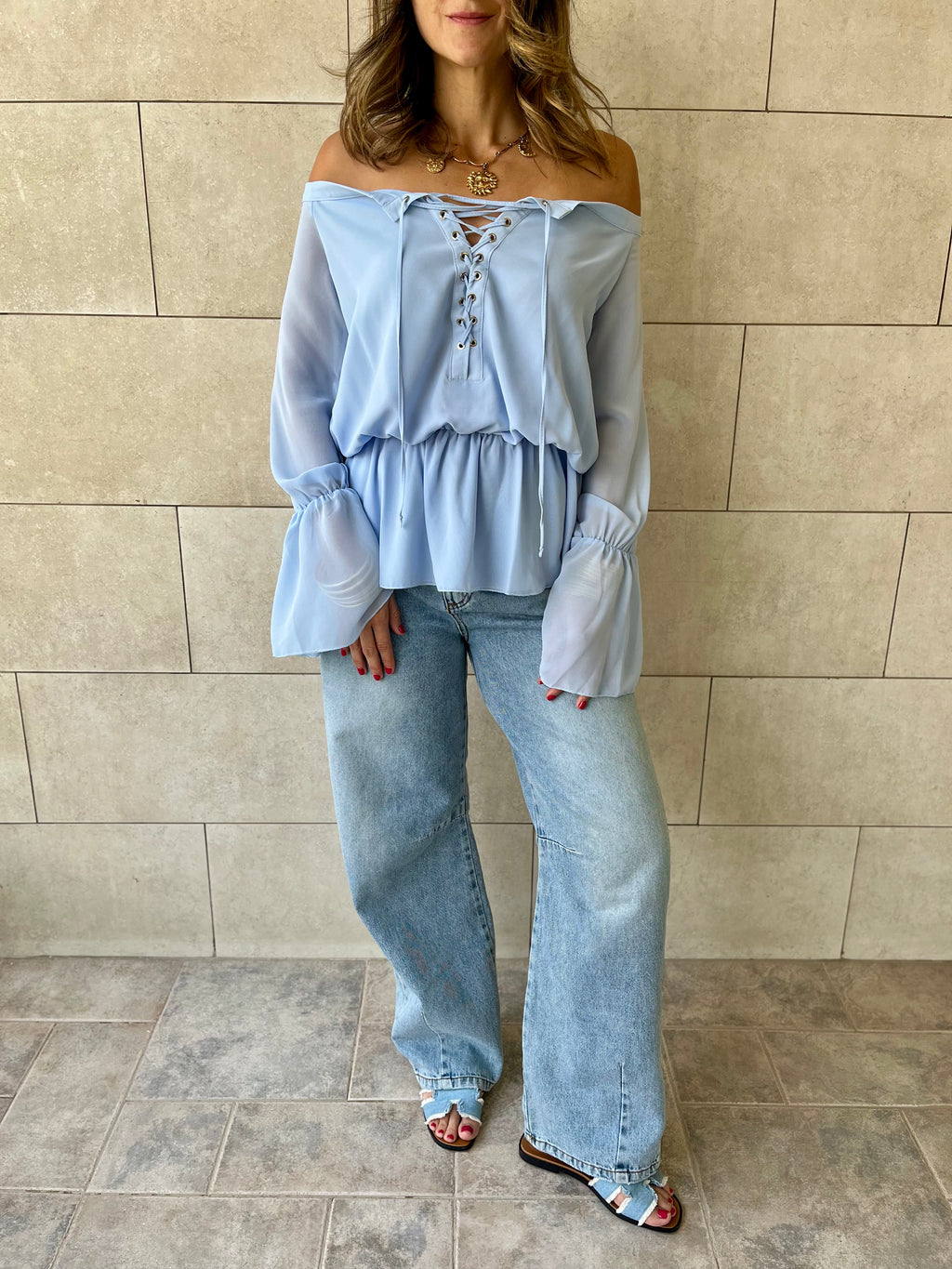 Baby Blue Criss Cross Tie Chiffon Blouse
