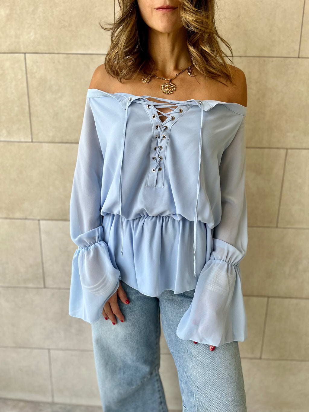 Baby Blue Criss Cross Tie Chiffon Blouse